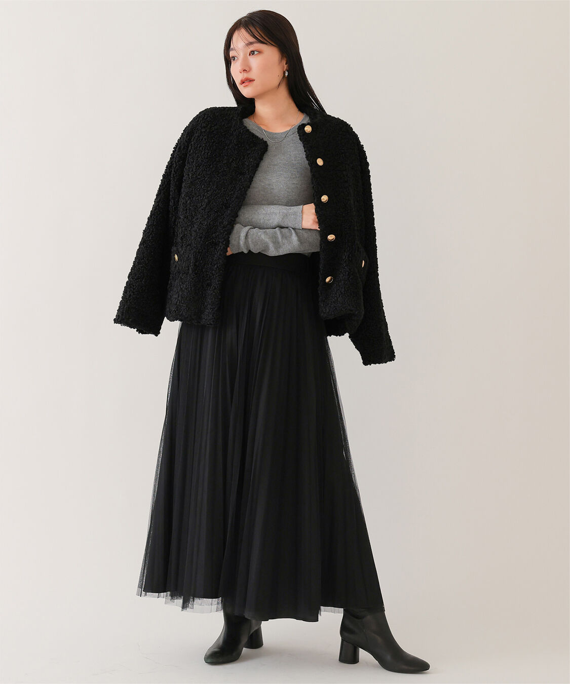 ur's「ボアノーカラーゴールド釦ジャケット」|ノーカラージャケット|