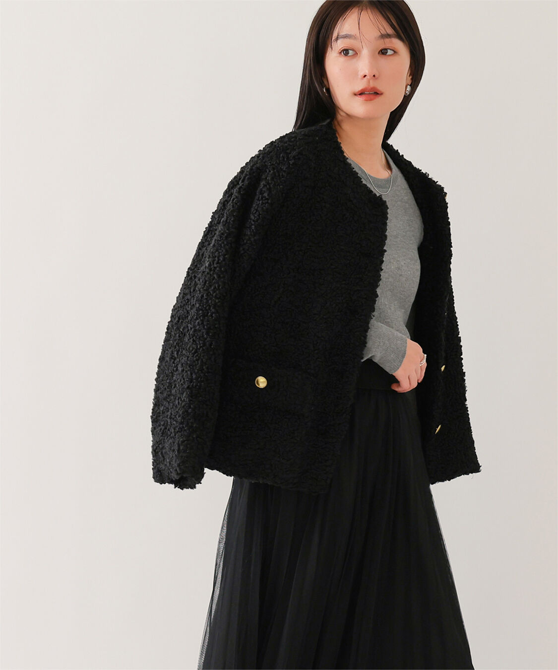 ur's「ボアノーカラーゴールド釦ジャケット」|ノーカラージャケット|