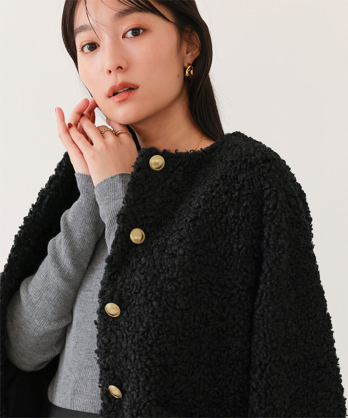 ur's「ボアノーカラーゴールド釦ジャケット」|ノーカラージャケット|