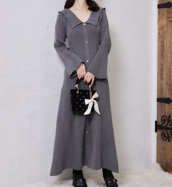  「襟付き金ボタンニットロングワンピース」|ワンピース|