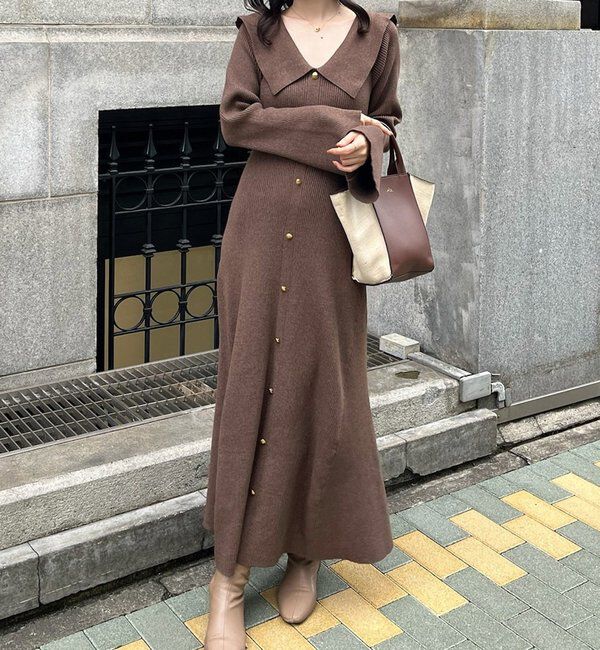  「襟付き金ボタンニットロングワンピース」|ワンピース|