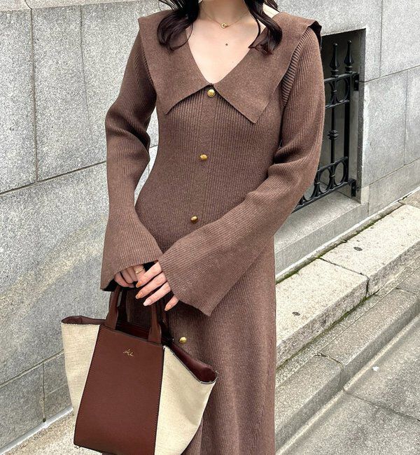  「襟付き金ボタンニットロングワンピース」|ワンピース|