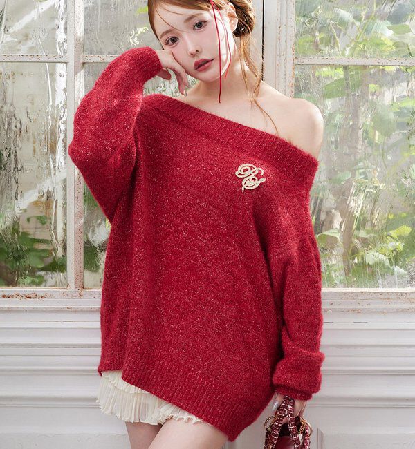  「ブローチ付きベロアモールミニニットワンピース」|ワンピース|レッド