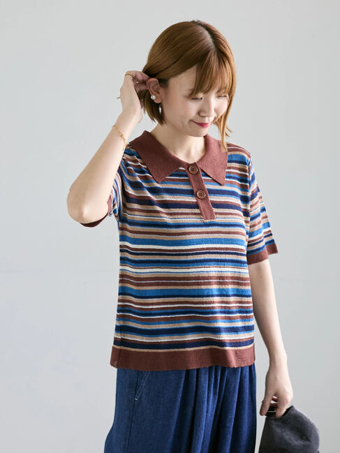 Lugnoncure「マルチボーダーポロニット《2025autumn catalog item》」|ニット・セーター|ネイビー