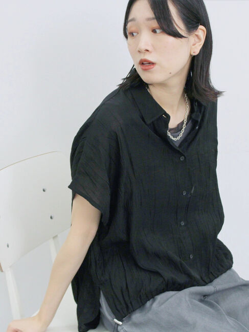 Samansa Mos2 blue「裾ドロスト楊柳シャツ」|シャツ・ブラウス|