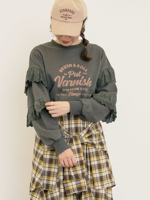 Samansa Mos2「袖フリル切替えスウェット」|Tシャツ・カットソー|チャコールグレー