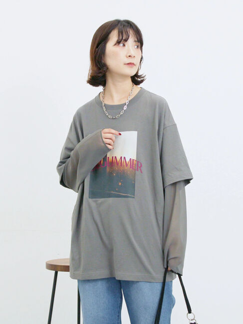 Samansa Mos2 blue「袖シフォンレイヤードプルオーバー」|Tシャツ・カットソー|