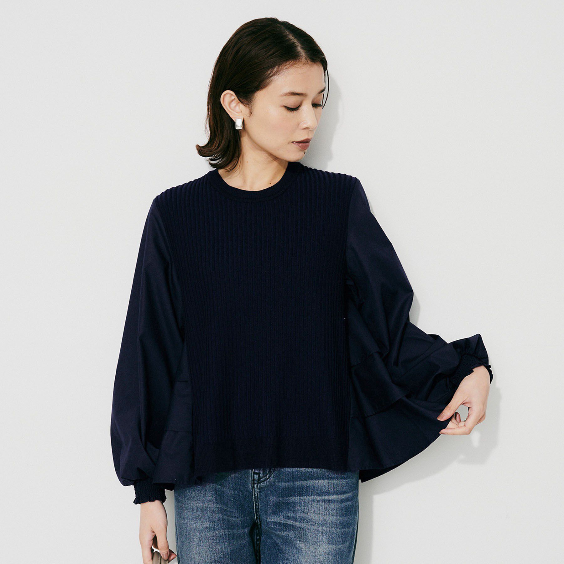 UNTITLED「【TORRAZZO DONNA】ニット&times;ファブリックティアードブラウス」|シャツ・ブラウス|ネイビー(094)