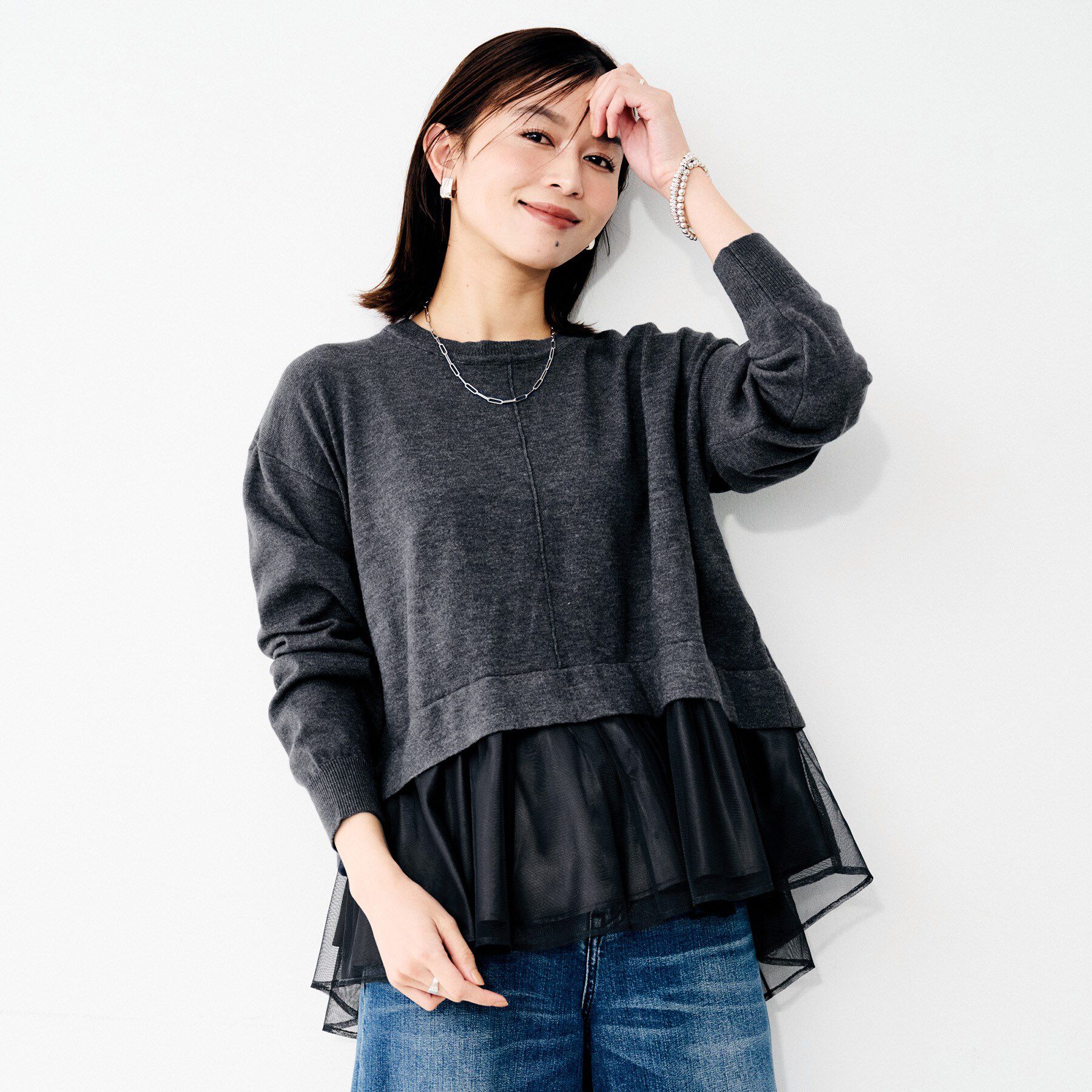 UNTITLED「【TORRAZZO DONNA】ニット&times;チュールトップス」|Tシャツ・カットソー|グレー(012)