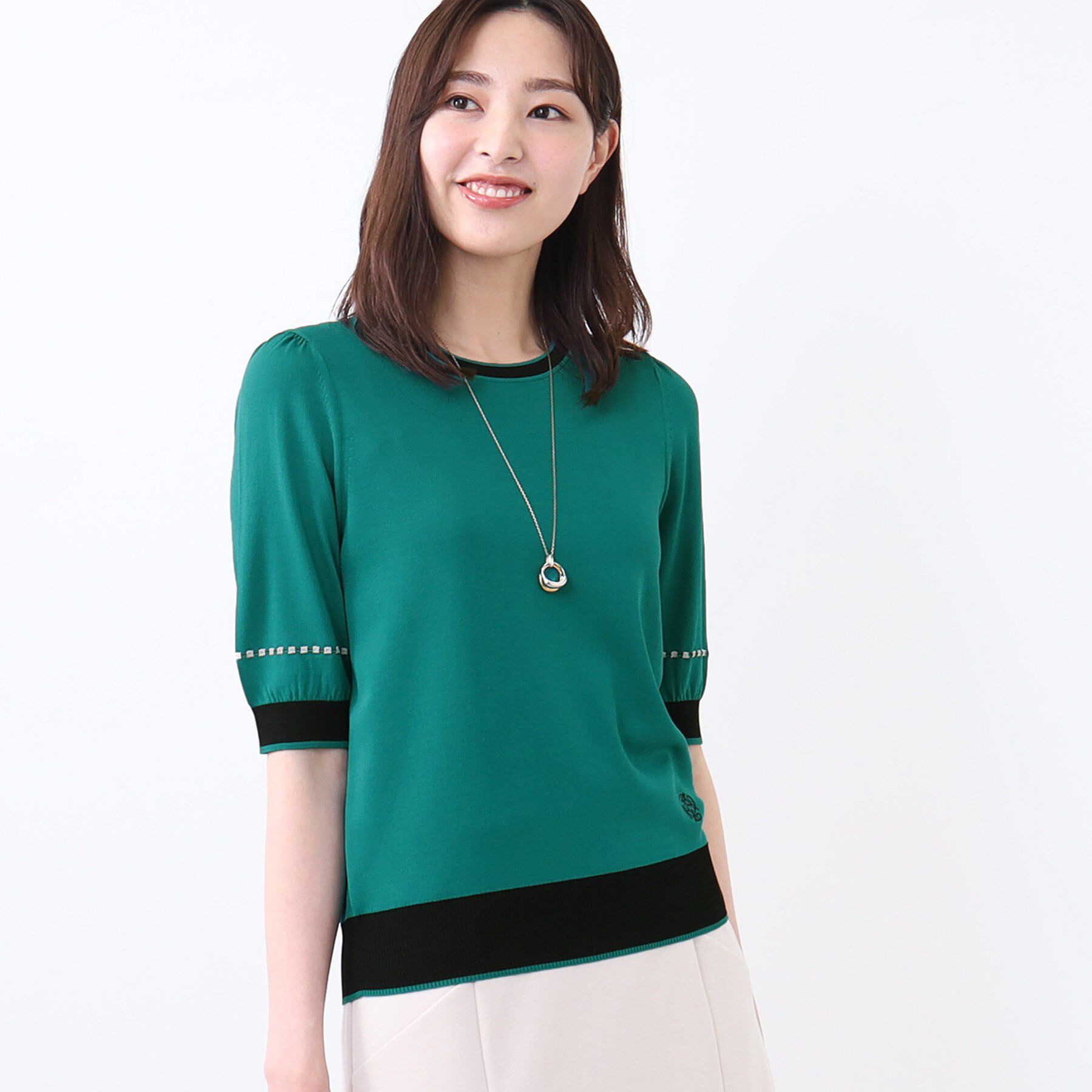 Reflect「【WEB先行カラーあり／手洗い可／アンサンブル可】バイカラー五分袖ニット」|ニット・セーター|