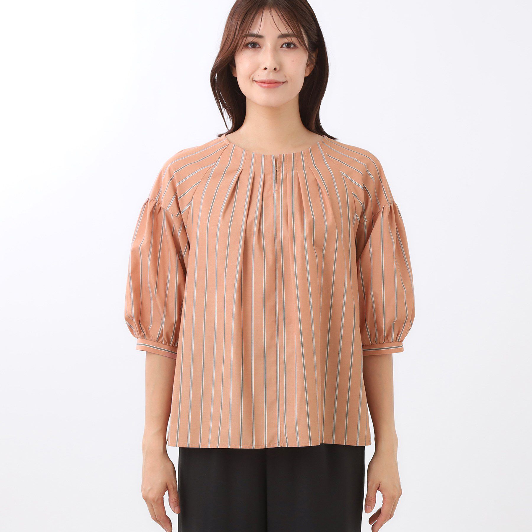 Reflect「【E‐QUALITY／体型カバー／ゆったり着られる◎】ストライプ&times;パフスリーブのブラウス」|シャツ・ブラウス|