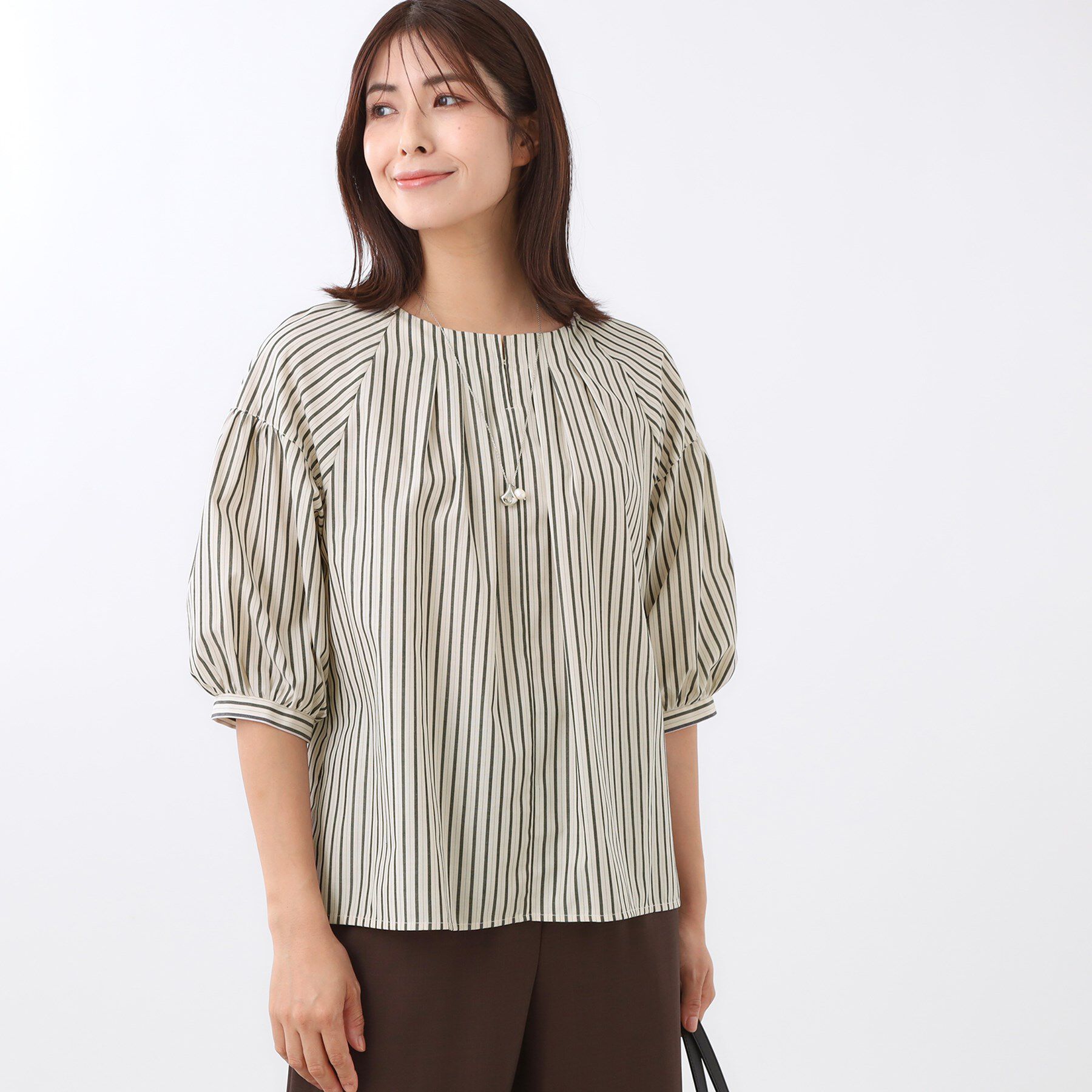 Reflect「【E‐QUALITY／体型カバー／ゆったり着られる◎】ストライプ&times;パフスリーブのブラウス」|シャツ・ブラウス|