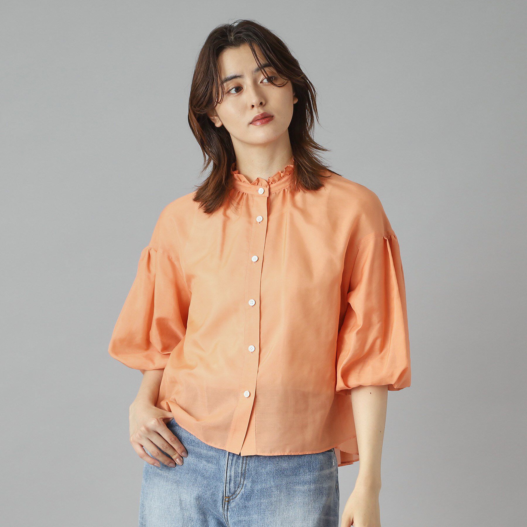 DRESSTERIOR「【洗える】スタンドフリルボリュームスリーブブラウス」|シャツ・ブラウス|オレンジ(065)
