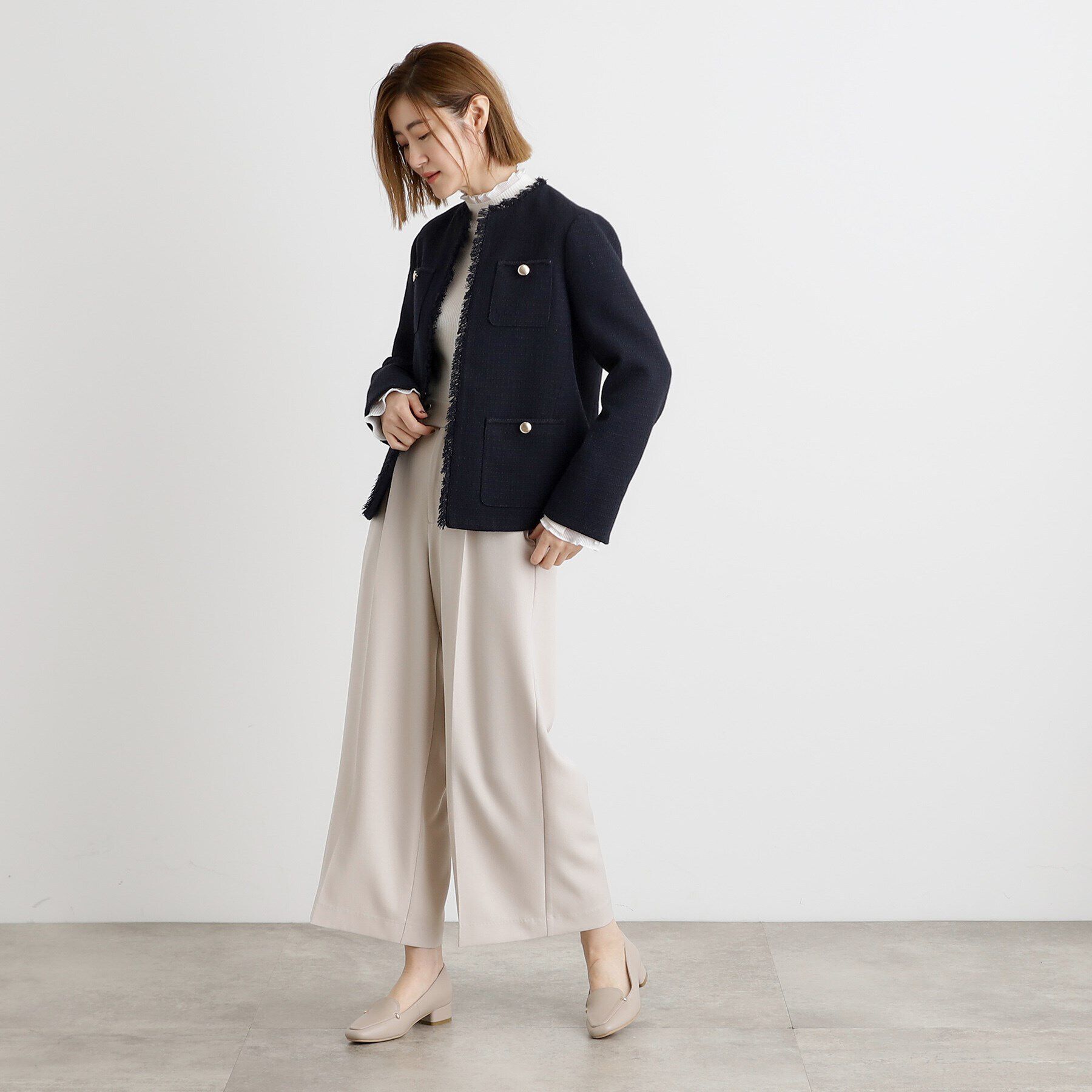 grove「フリンジツイードジャケット」|ノーカラージャケット|