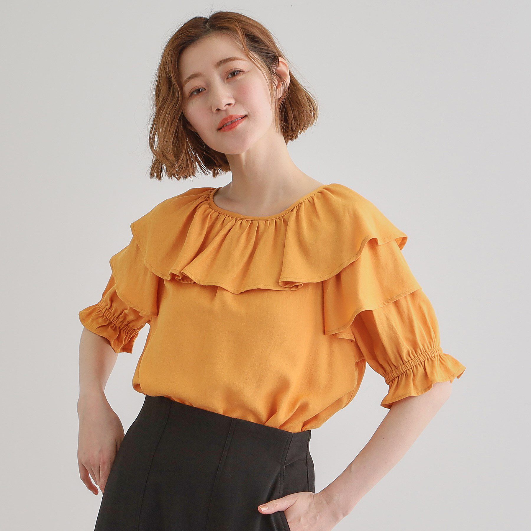 grove「麻調ダブルフリルブラウス」|シャツ・ブラウス|オレンジ(066)