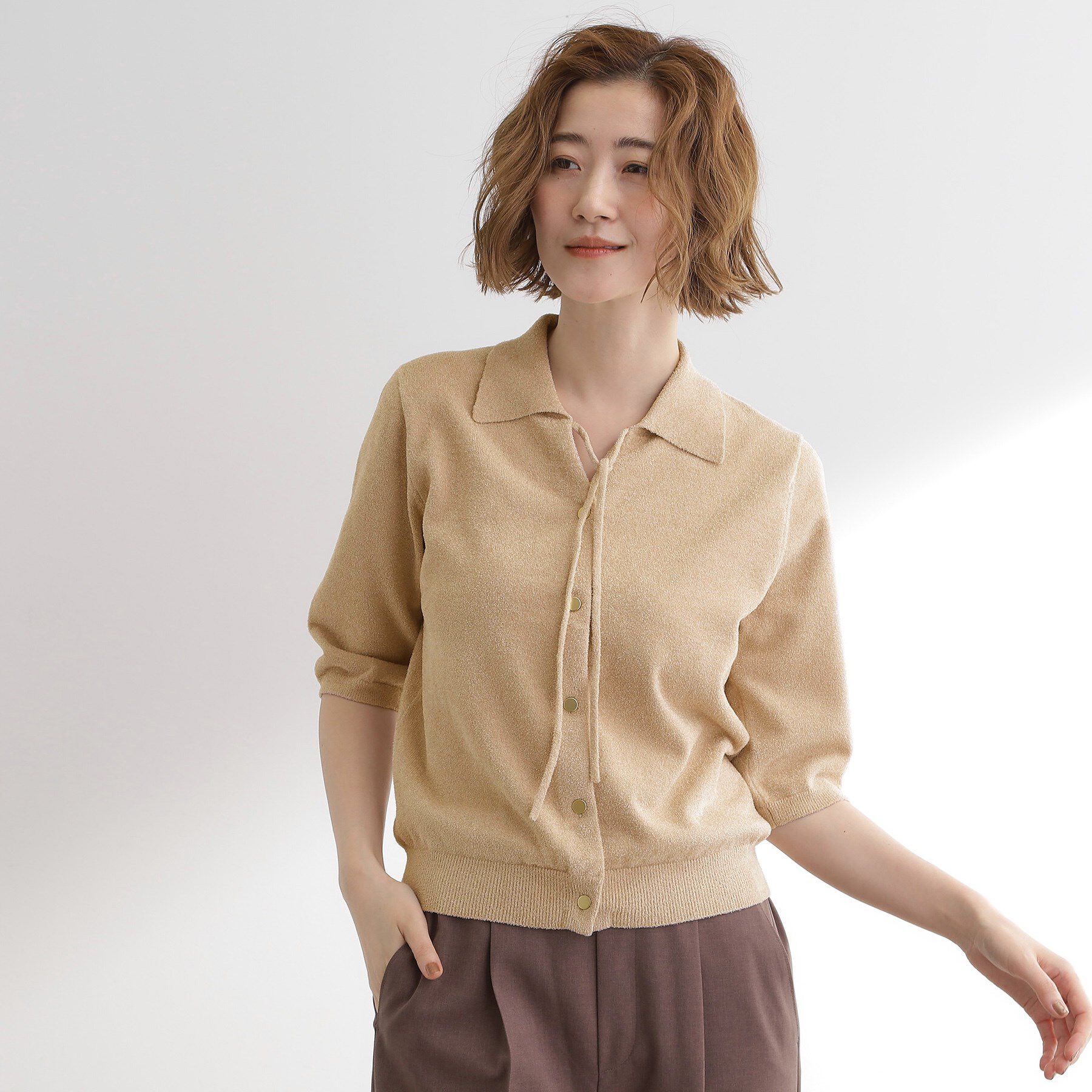 grove「華やぐラメモールで秋先取り　衿付きプルオーバーニット」|ニット・セーター|グレージュ(050)