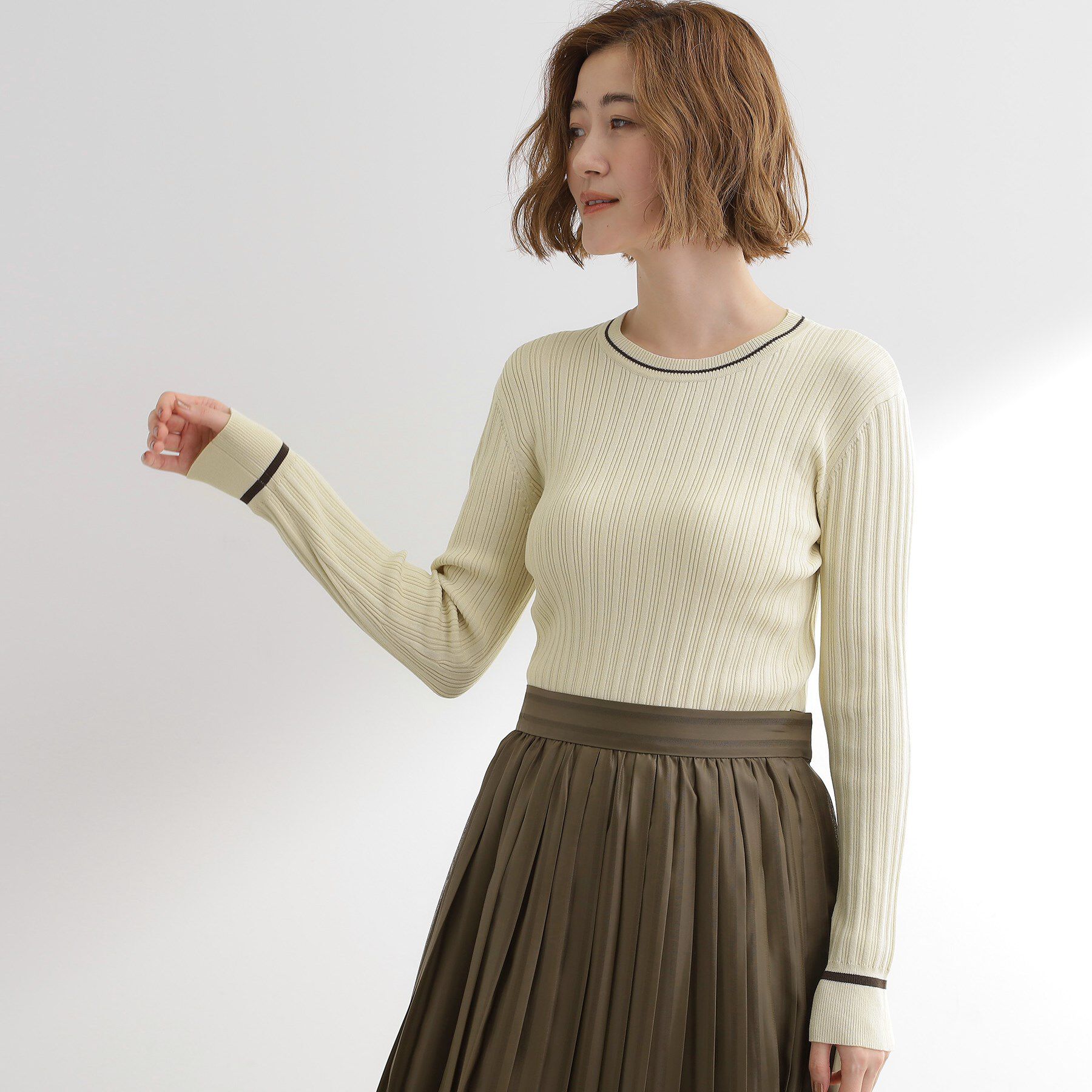 grove「【毛玉軽減】配色ラインランダムリブニット」|ニット・セーター|アイボリー(004)