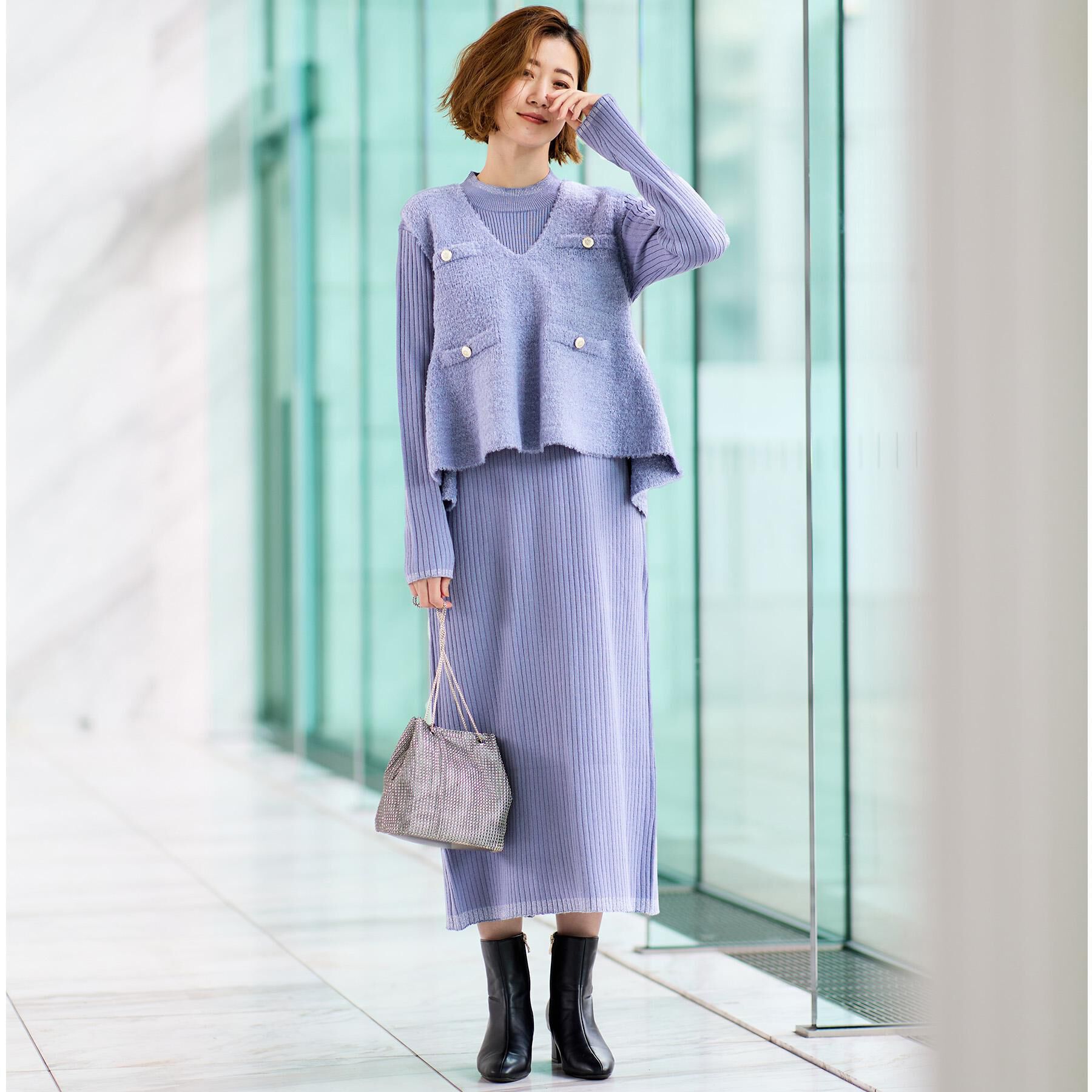 grove「【2点SET/体型カバー】一枚で決まる、ペプラムベスト&times;ニットワンピース」|ワンピース|