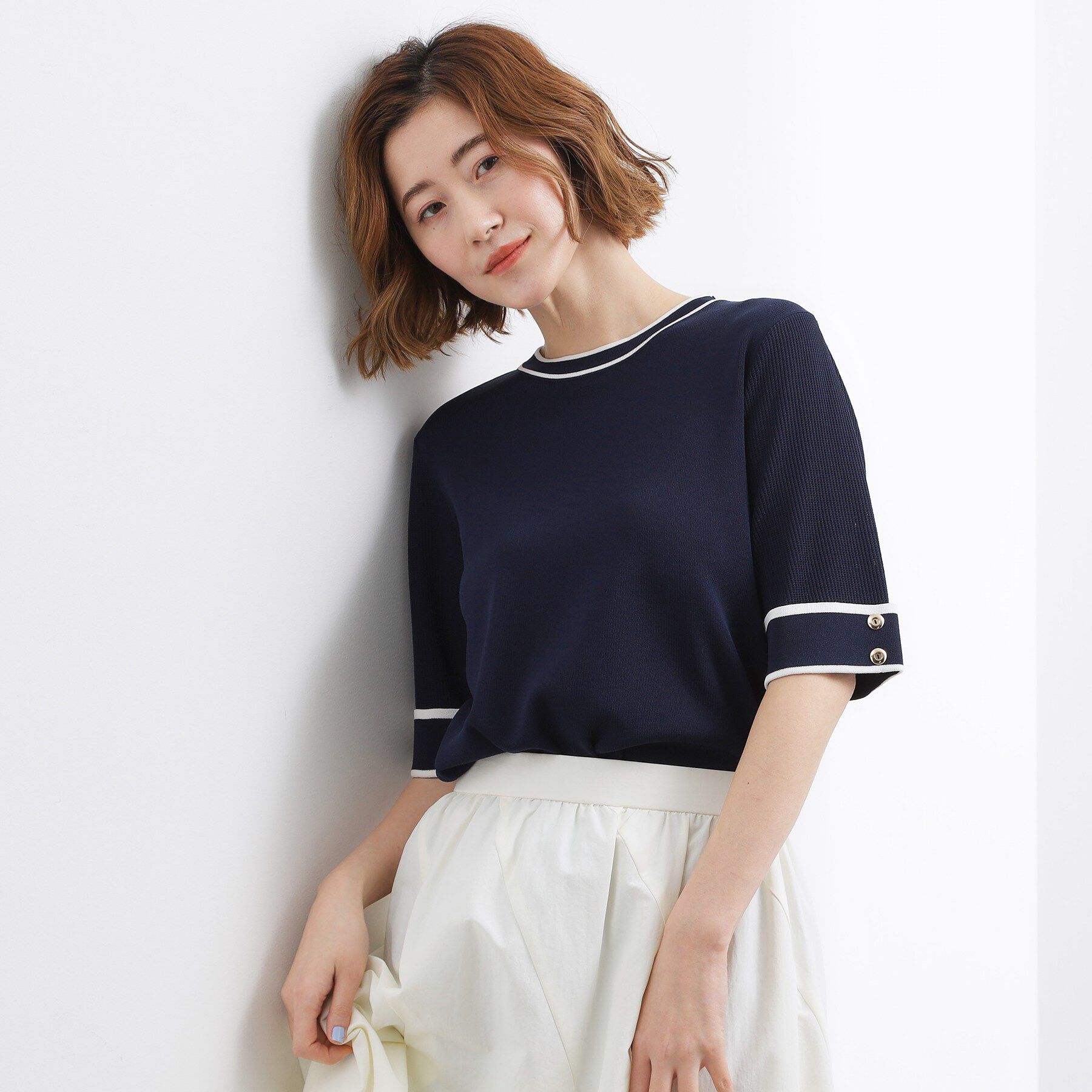 grove「やわらかドライタッチ 袖メッシュ編みニット」|ニット・セーター|