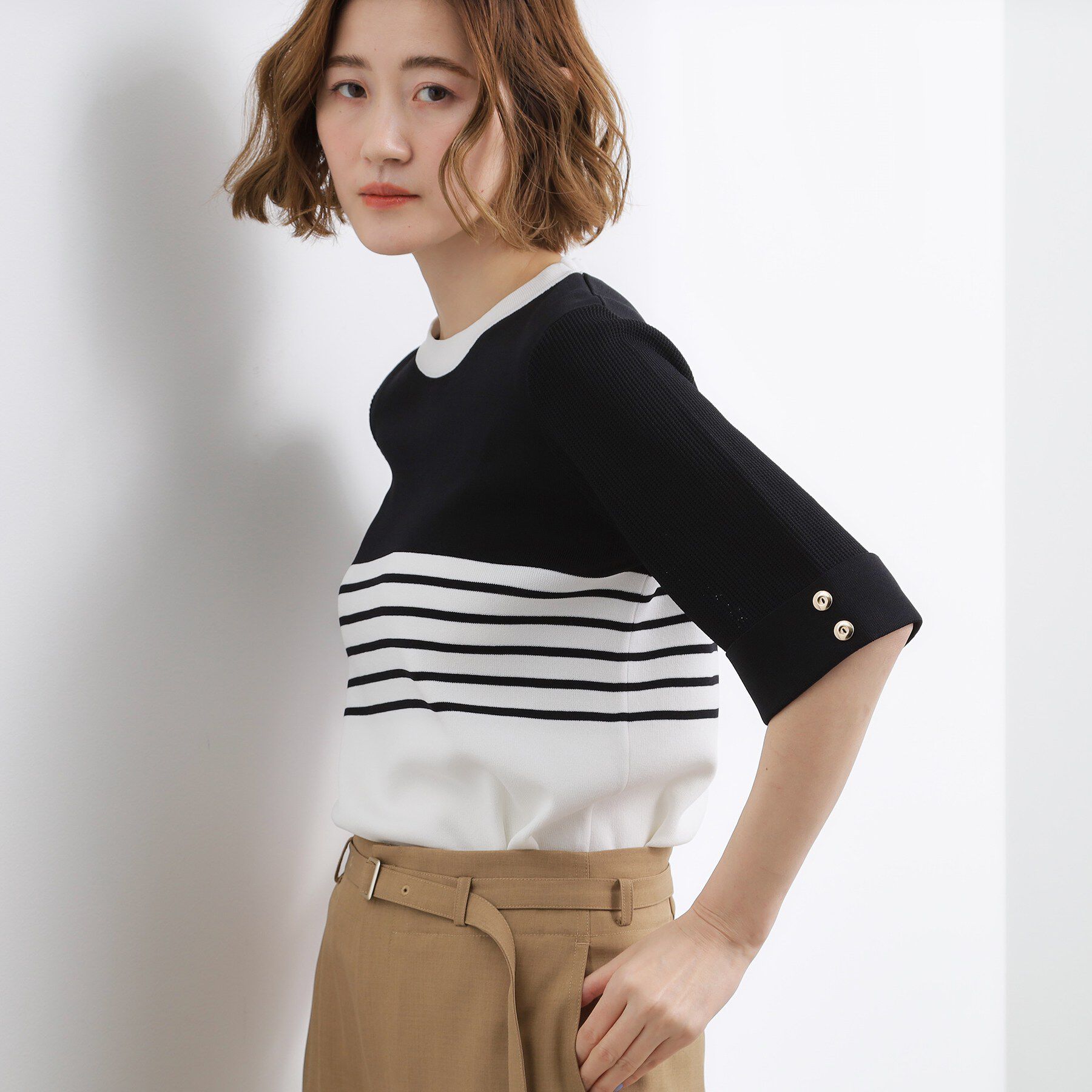 grove「やわらかドライタッチ 袖メッシュ編みニット」|ニット・セーター|