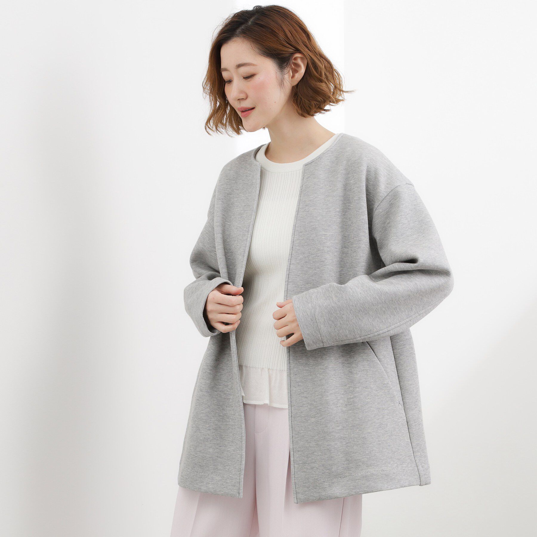 grove「しなやかな着心地で動きやすい、ダンボールジャージノーカラーコート」|ノーカラーコート|