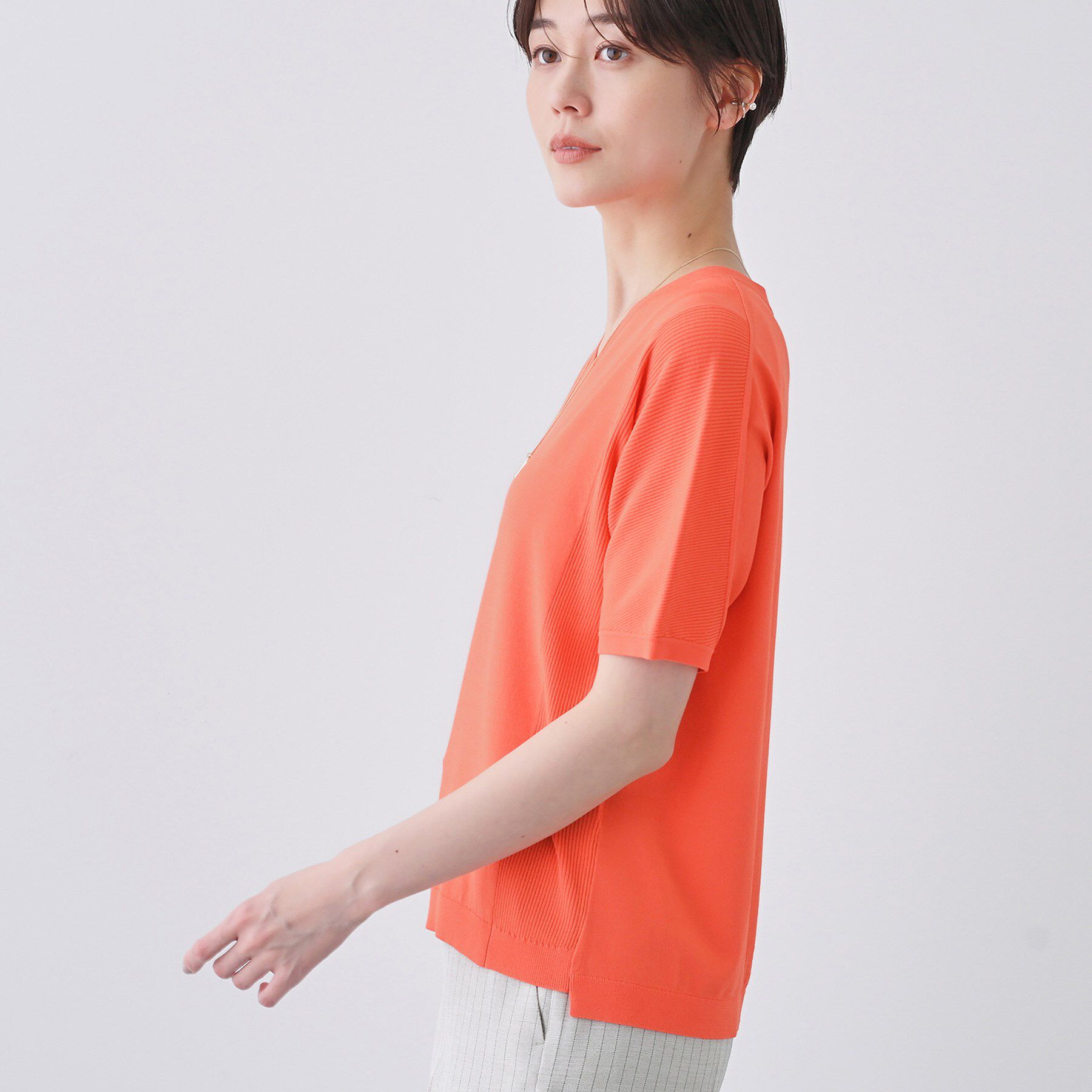 INDIVI「【洗える／清涼感】レーヨンストレッチ 安心丈の半袖ニット」|ニット・セーター|