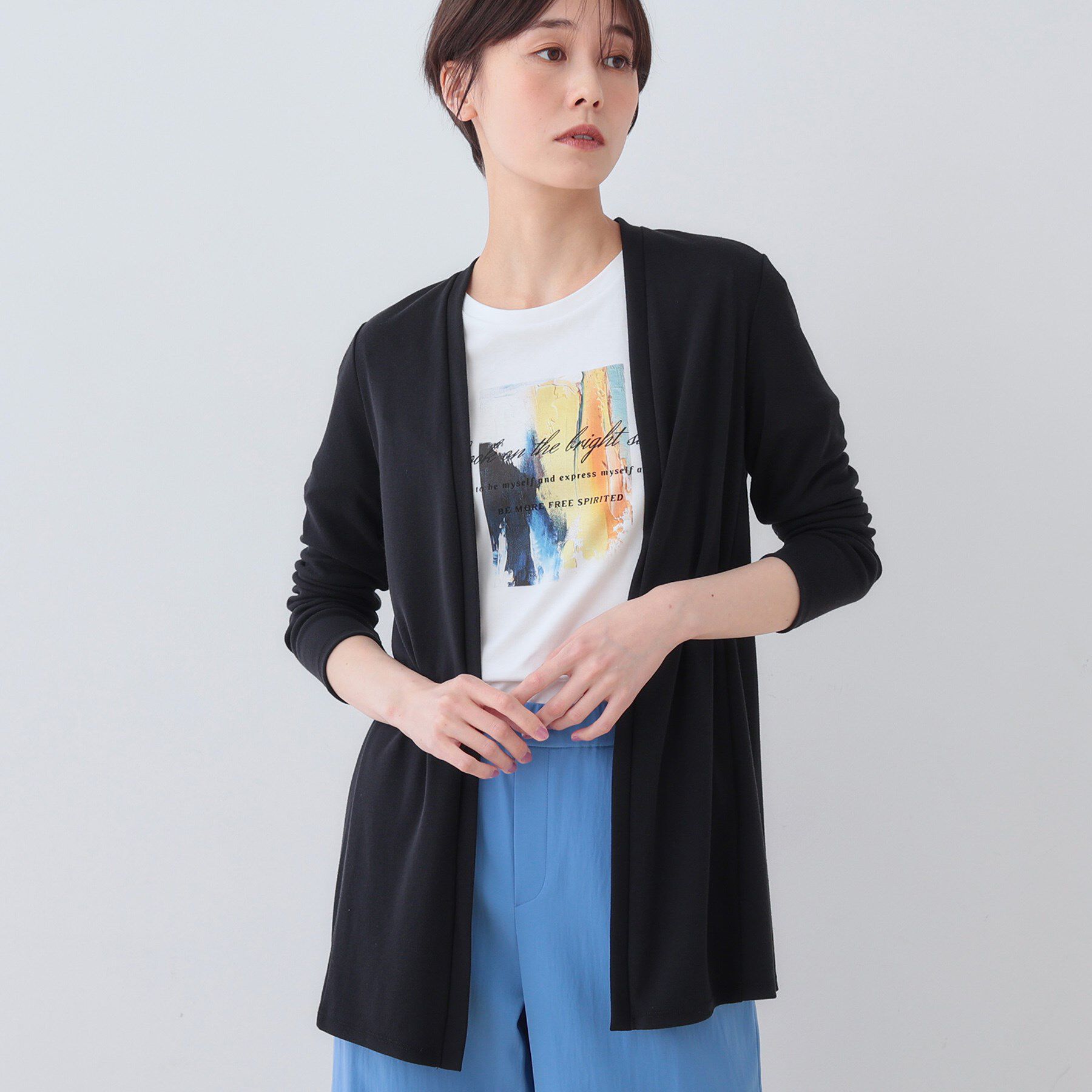 INDIVI「【洗える】着流しジャージカーディガン」|カーディガン|ブラック(019)