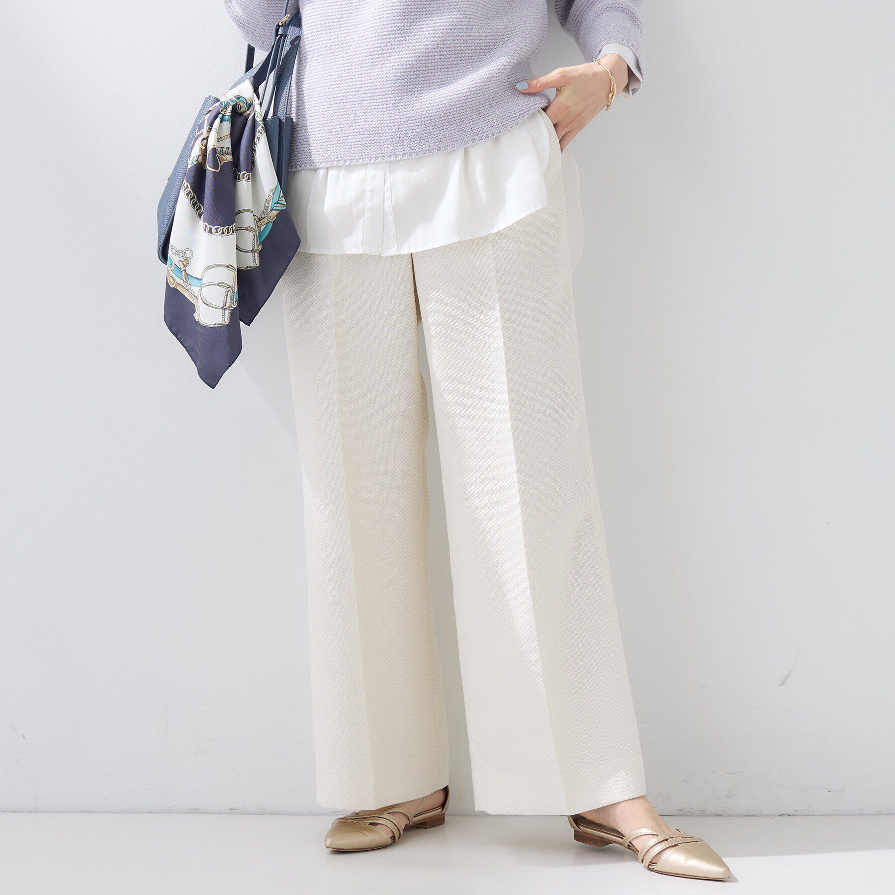 INDIVI「【褒められパンツ/ウール調素材】ラメ混ワイドパンツ」|その他|オフホワイト(003