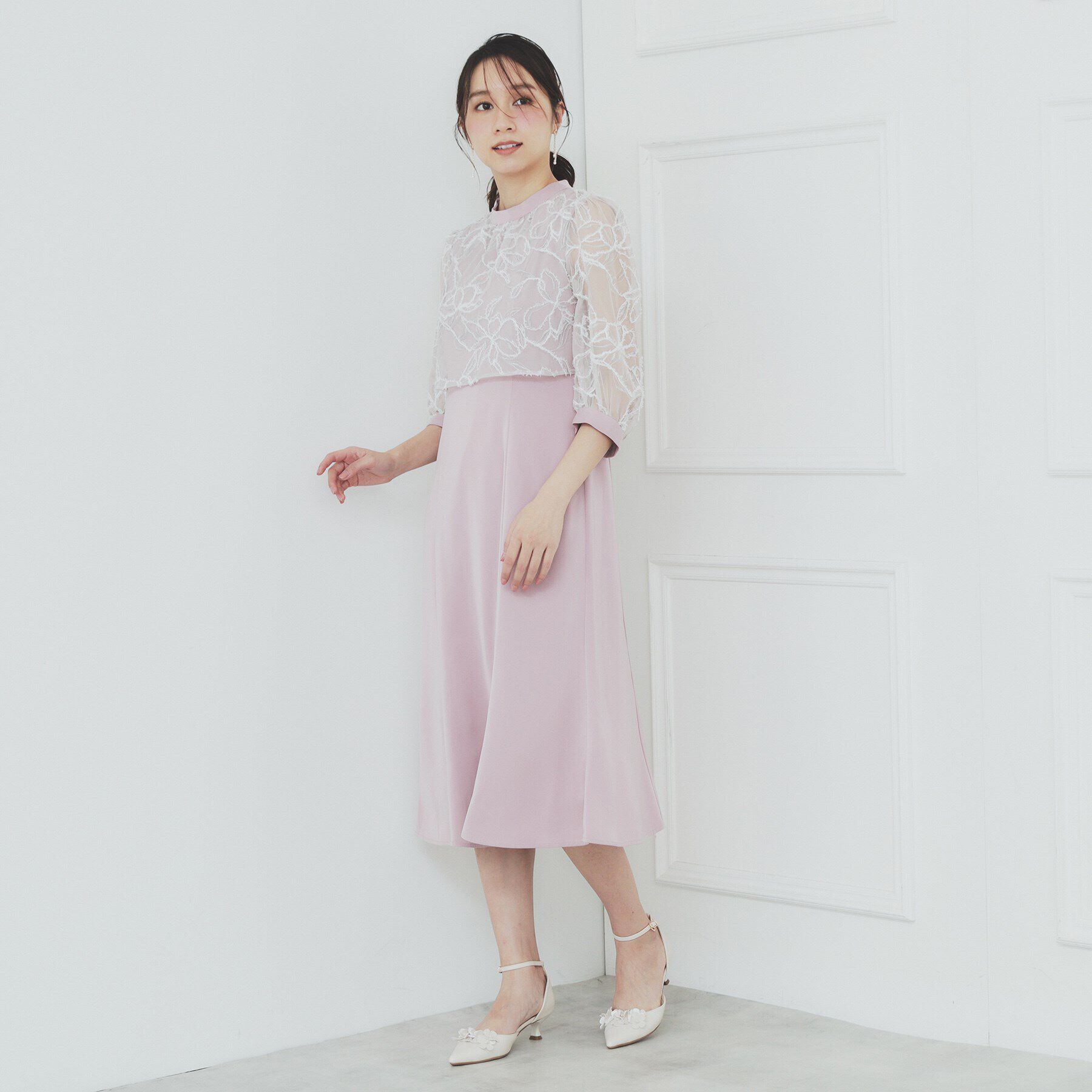 index「フラワーチュールドッキングフレアワンピース【洗濯機洗い可】」|ワンピース|