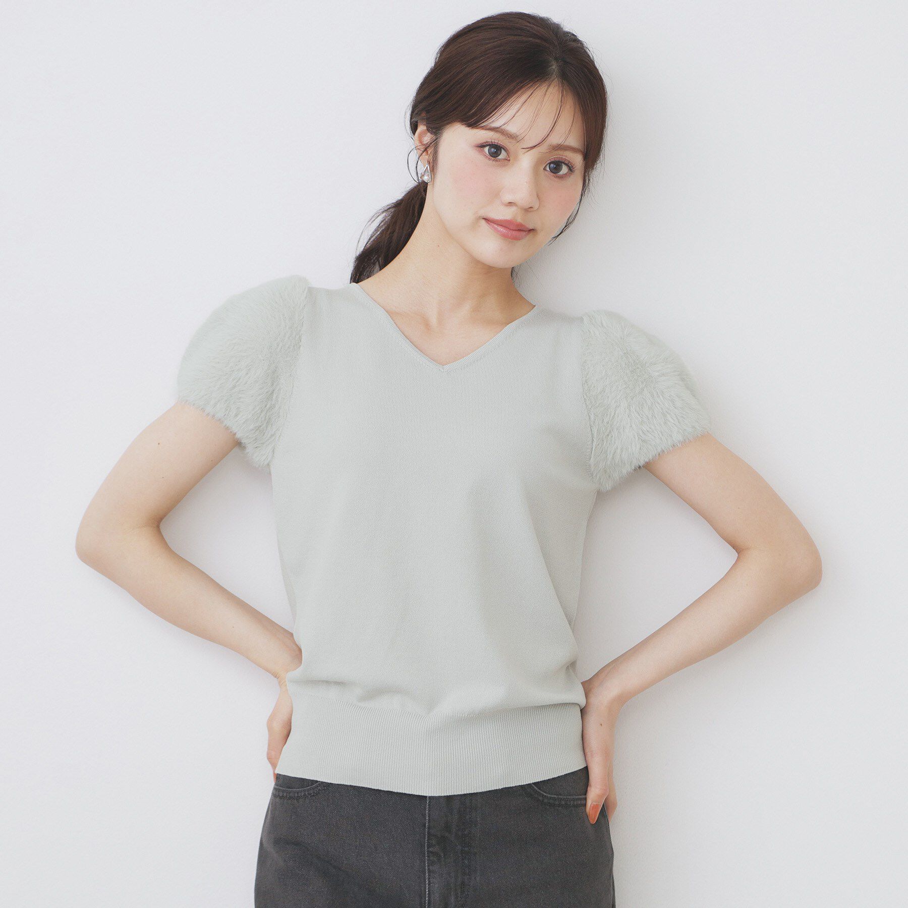 index「《6色展開》フェザーパフスリーブVネックニット【洗濯機洗い可】」|ニット・セーター|ミントグリーン(82