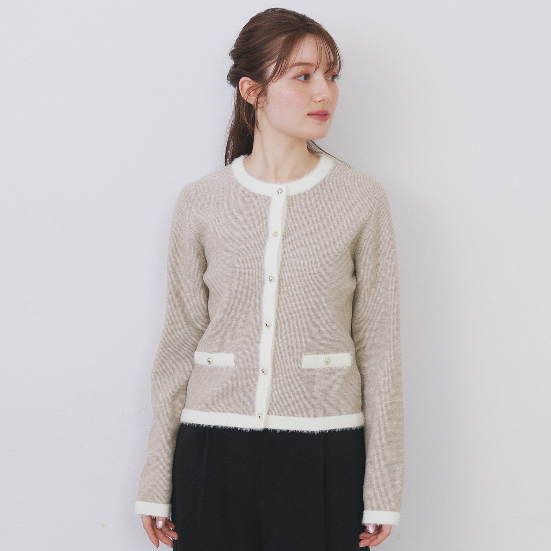 index「フェザーバイカラークルーネックカーディガン【洗濯機OK】」|カーディガン|