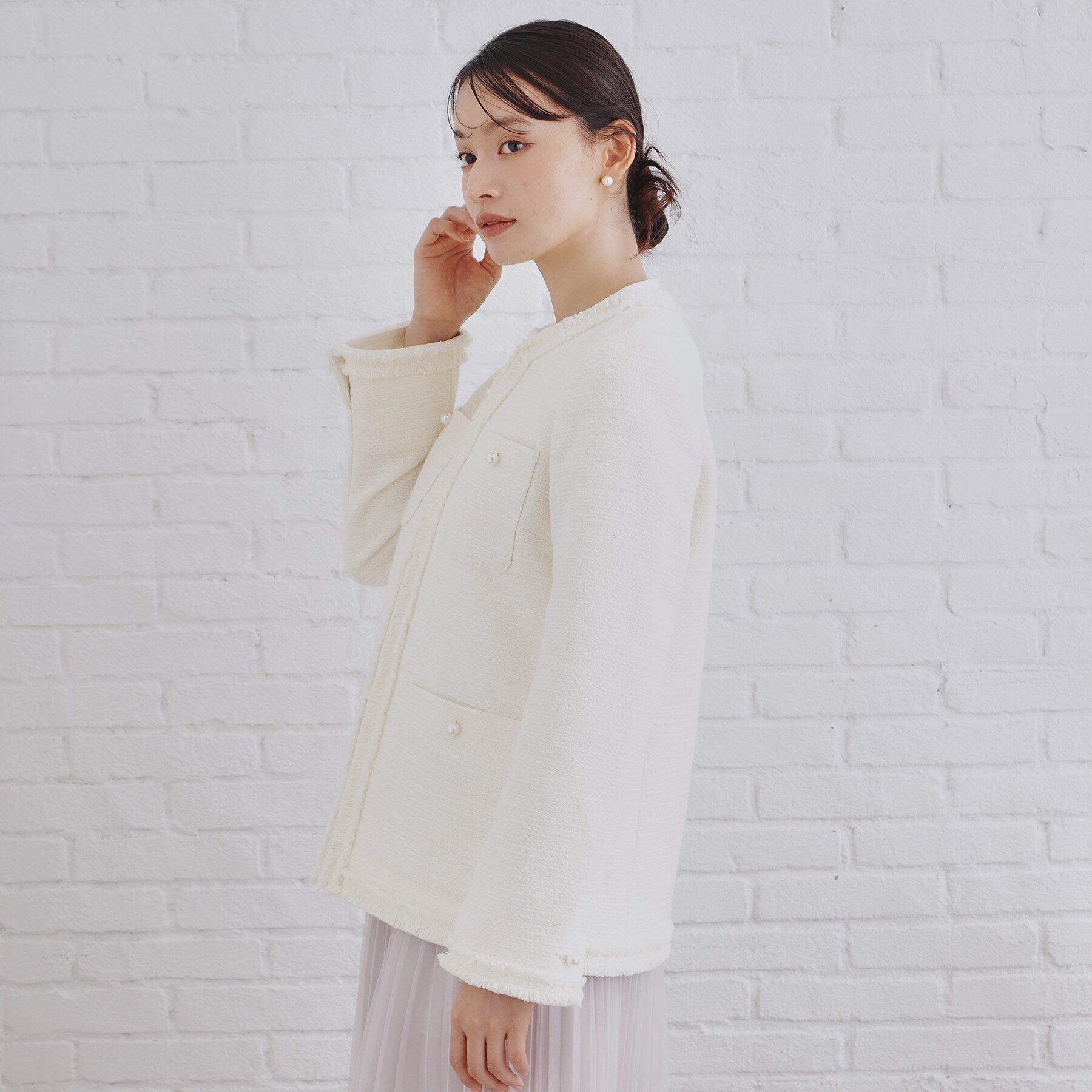 OPAQUE.CLIP「《通勤・セレモニー対応》コットンツイードミドルジャケット」|ノーカラージャケット|