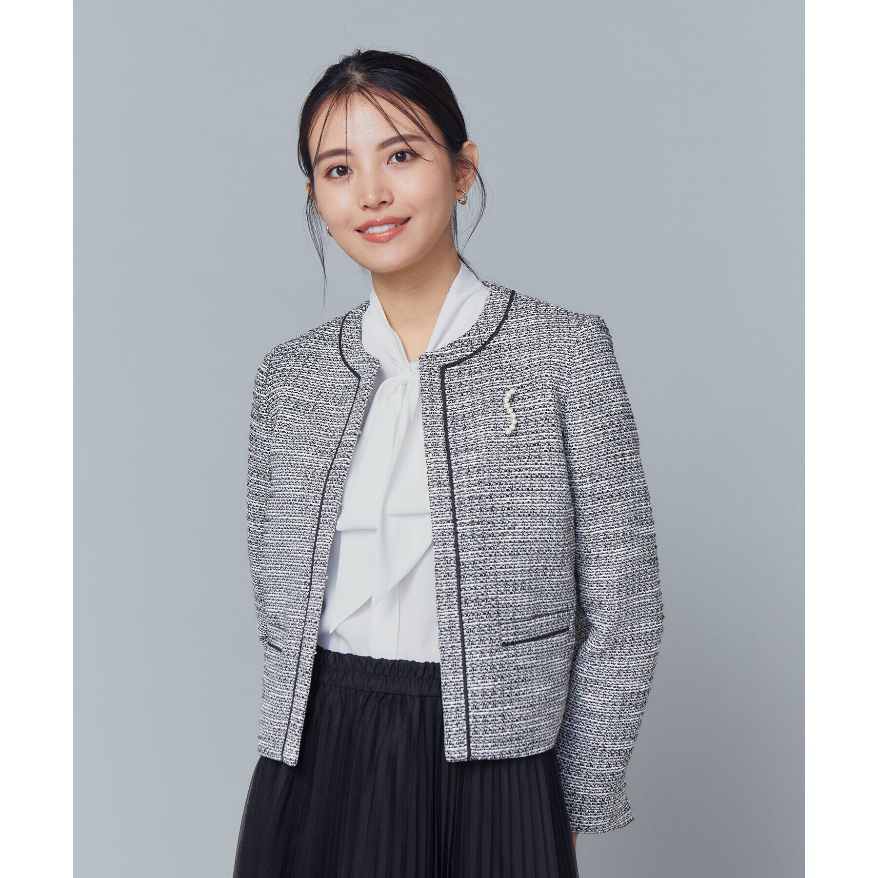 OPAQUE.CLIP「《通勤・セレモニー対応》コットンツイードジャケット」|ノーカラージャケット|