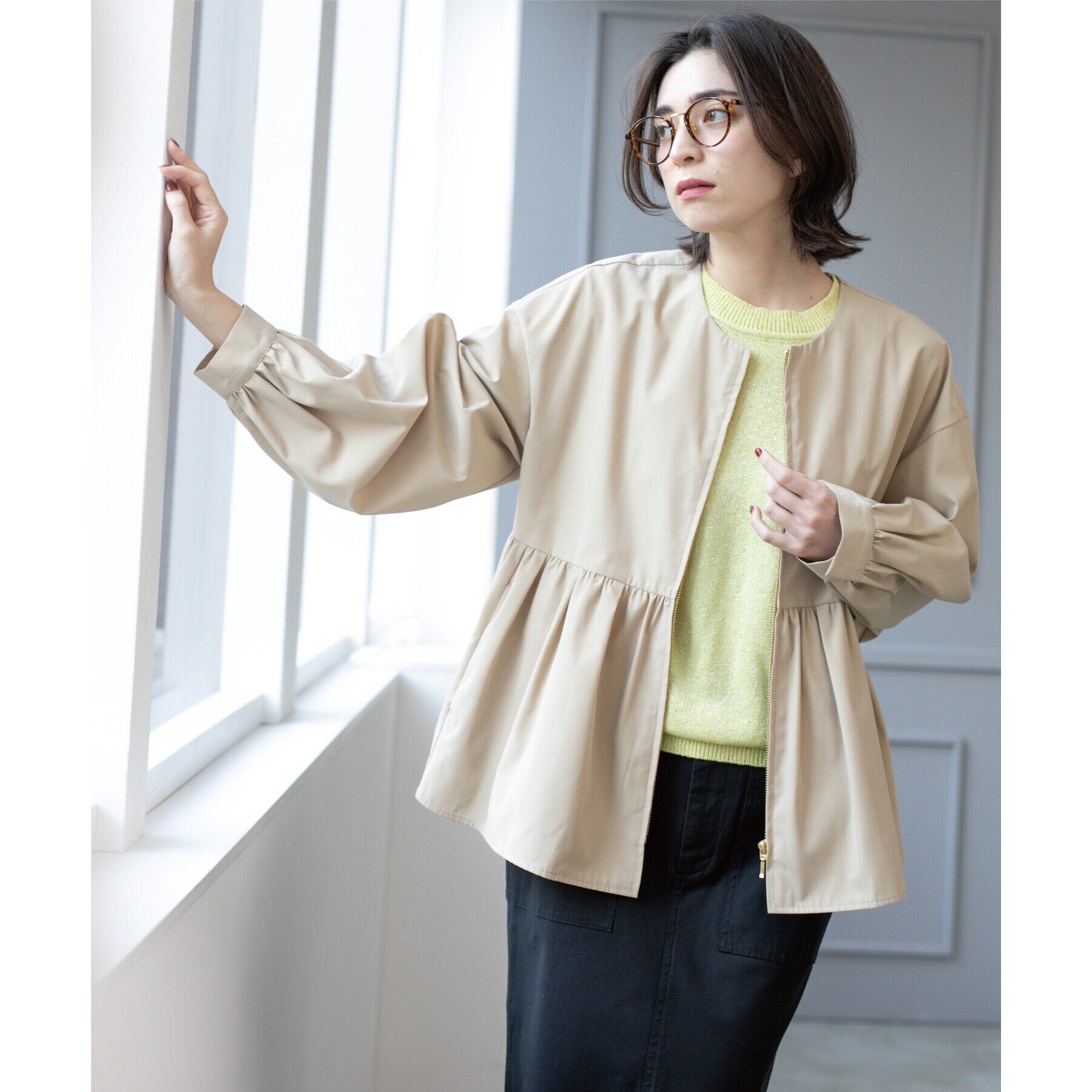 OPAQUE.CLIP「撥水ノーカラーペプラムブルゾン【洗濯機洗い可/花粉対応】」|ノーカラージャケット|