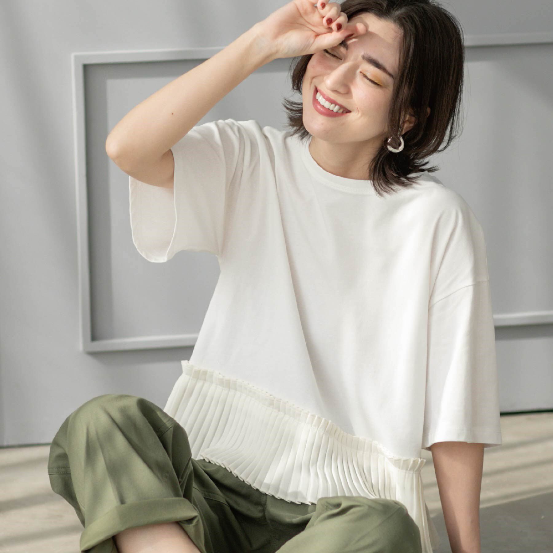 OPAQUE.CLIP「プリーツデザインドッキングトップス【洗濯機洗い可】」|Tシャツ・カットソー|ホワイト(001)