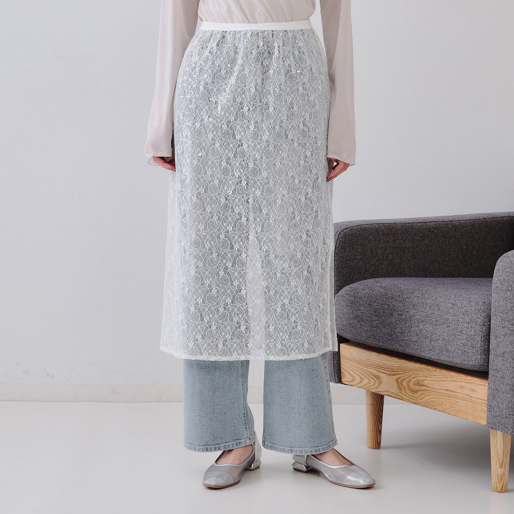 OPAQUE.CLIP「シアーレーススパンコールスカート【洗濯機洗い可】」|スカート|