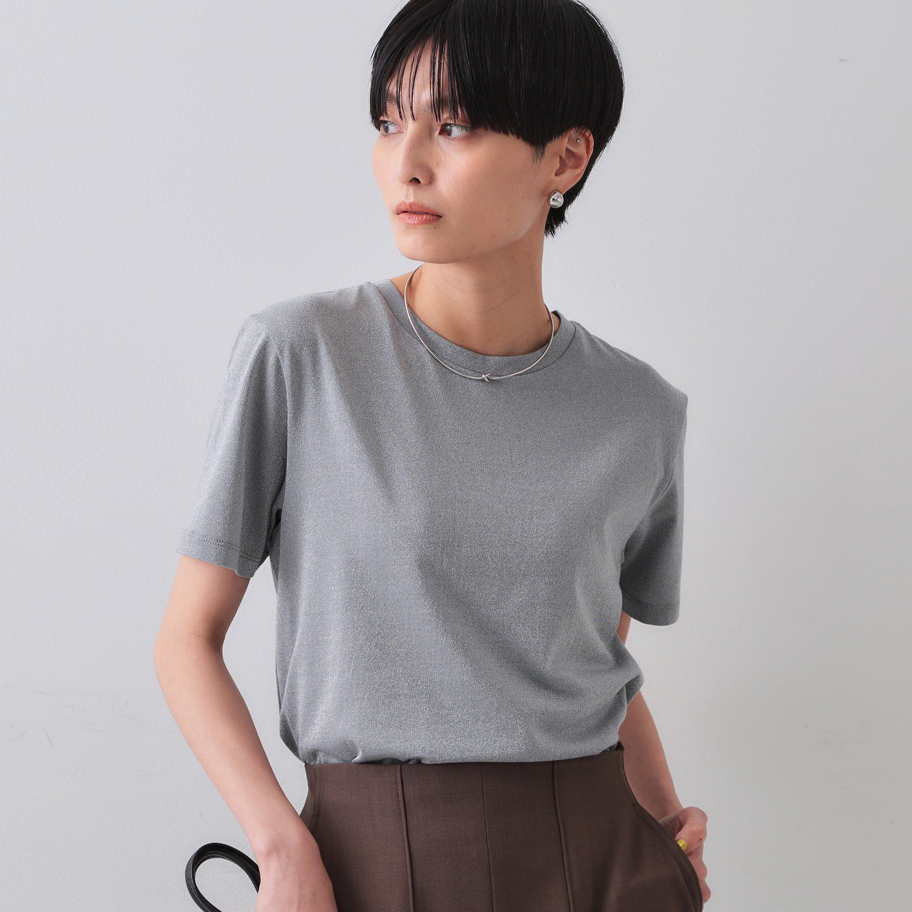 OPAQUE.CLIP「ラメベーシックTシャツ【洗濯機洗い可】」|Tシャツ・カットソー|チャコールグレー(6