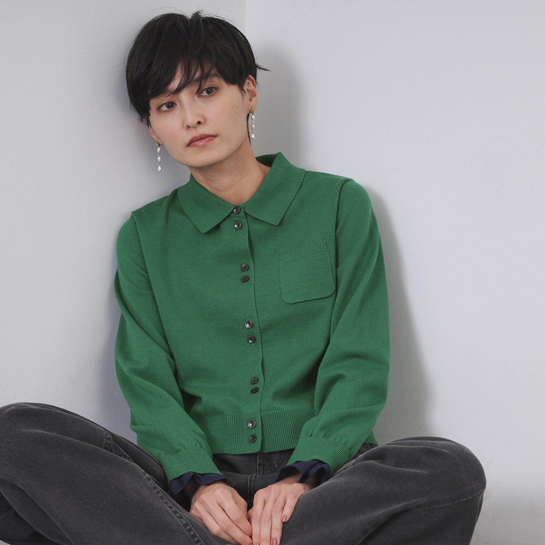 OPAQUE.CLIP「袖口ドッキング ポロ衿デザインニット【洗濯機OK】」|ニット・セーター|ライトグリーン(02