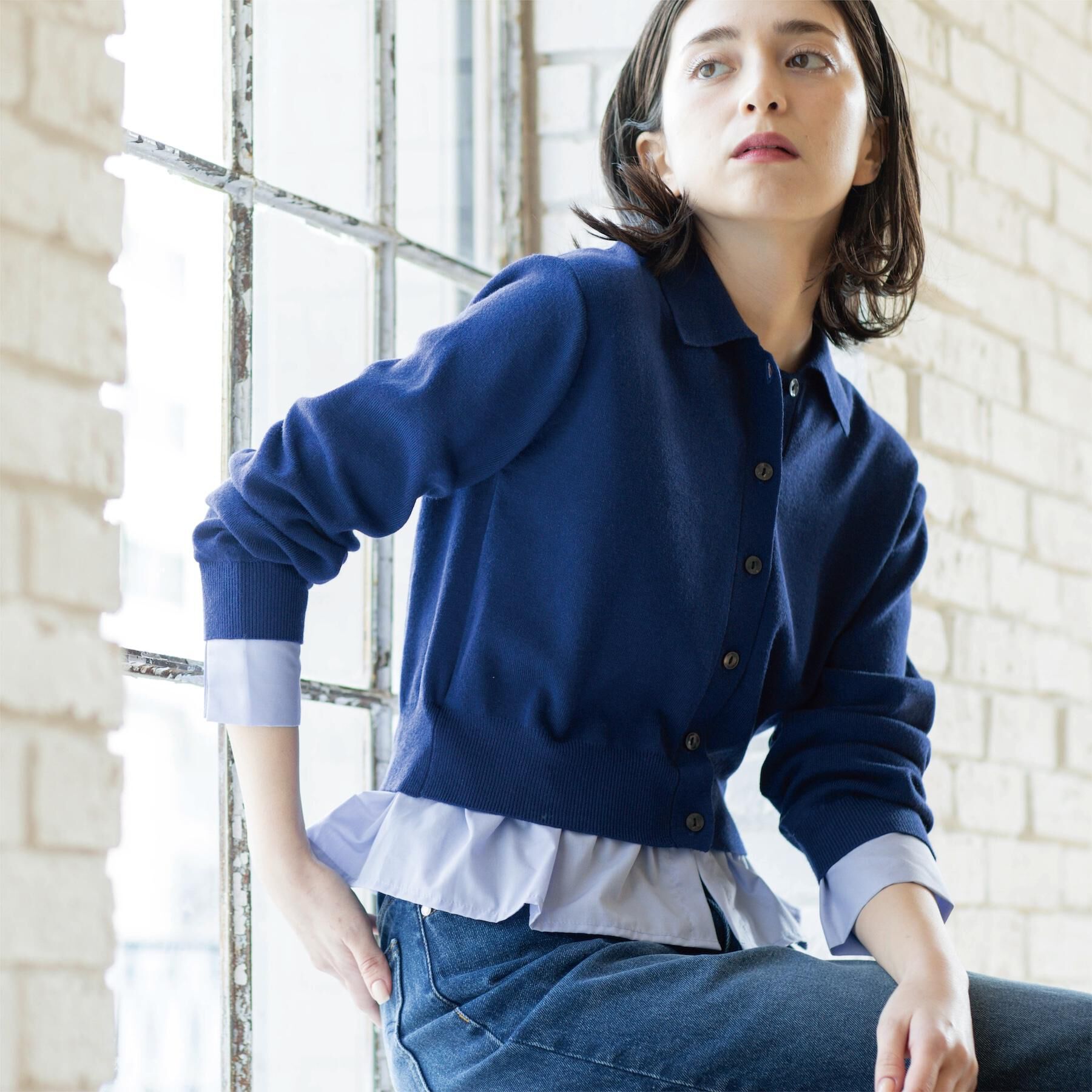 OPAQUE.CLIP「ポロ衿シャツドッキングニット【洗濯機OK】」|カーディガン|ブルー(893)