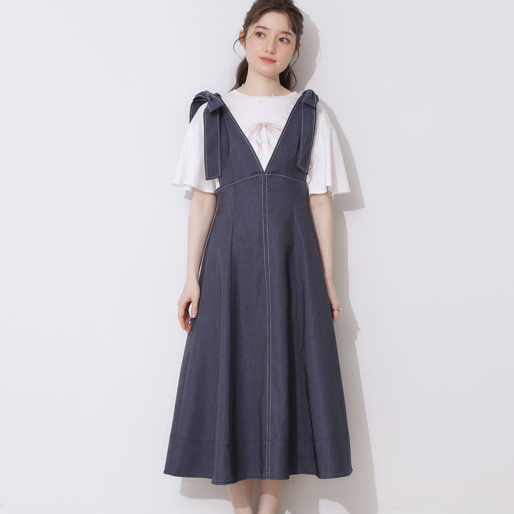 Couture broach「デニムライク肩リボンワンピース」|ワンピース|