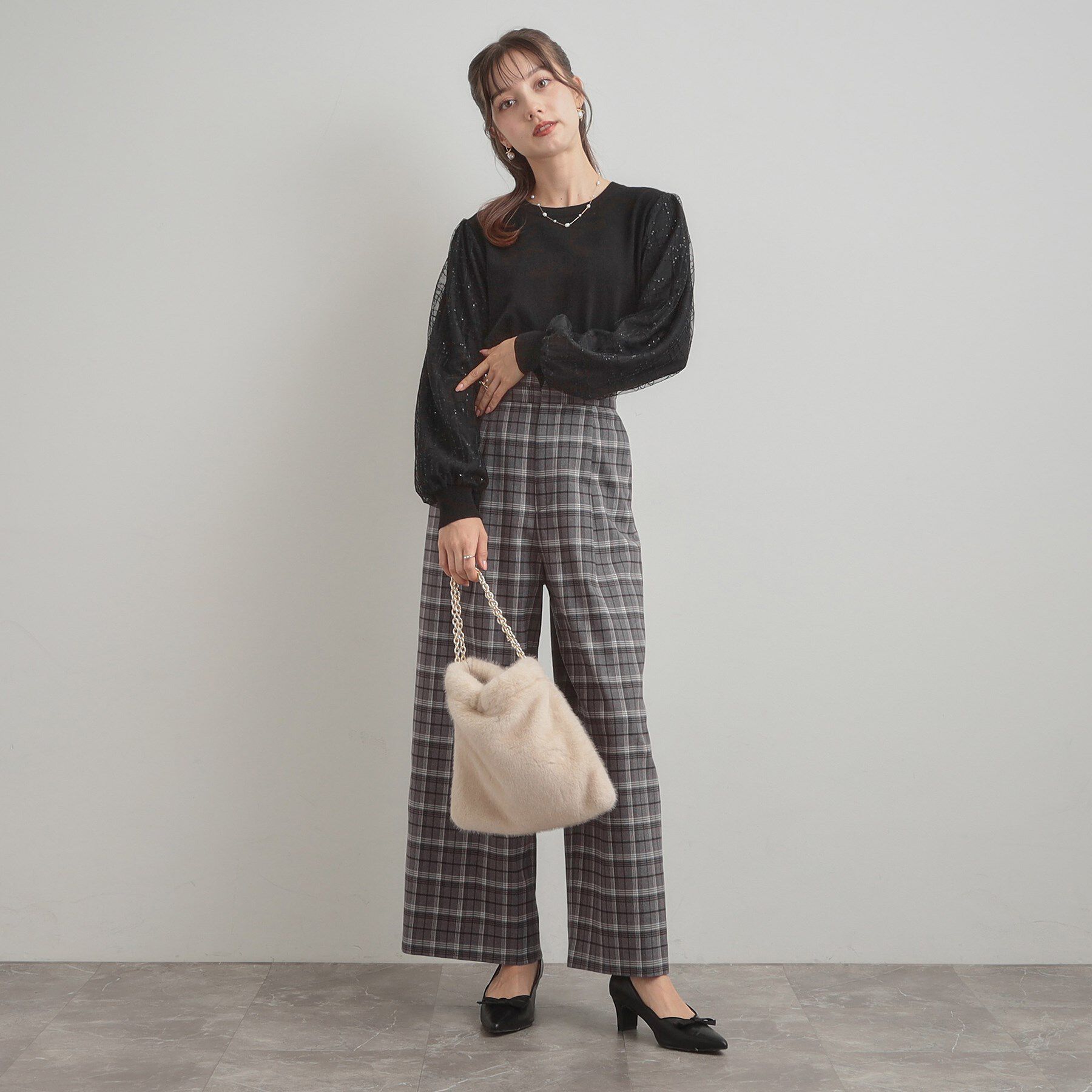 Couture broach「【大人可愛い】起毛先染めチェック柄 スカラウエスト ワイドパンツ」|その他|
