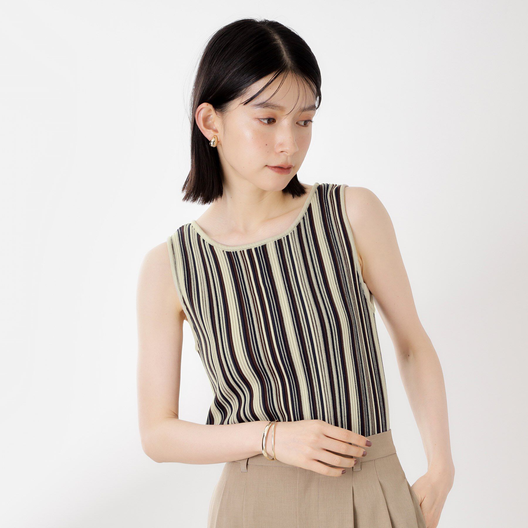 THE SHOP TK「ストライプ柄ニットタンク前後2WAY」|ニット・セーター|グレージュ(350)