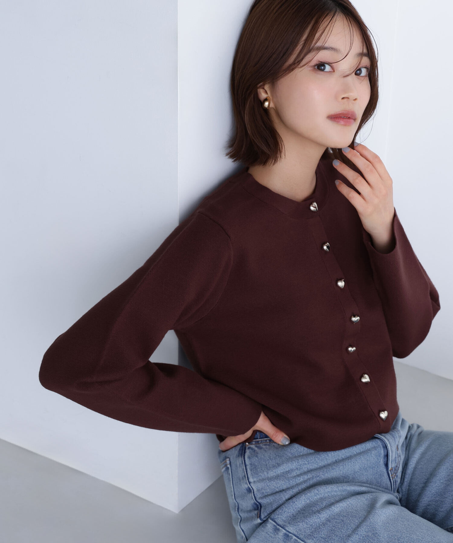  「ハートボタンニットジャケット」|ニット・セーター|ダークブラウ 1