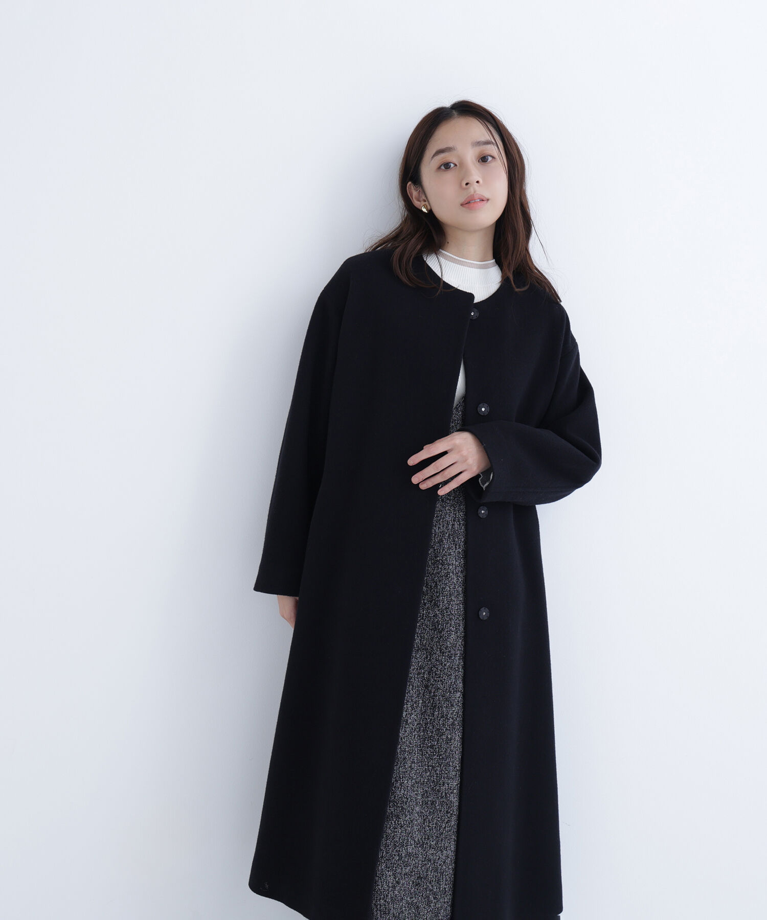  「フォルムノーカラーロングコート」|その他|ブラック