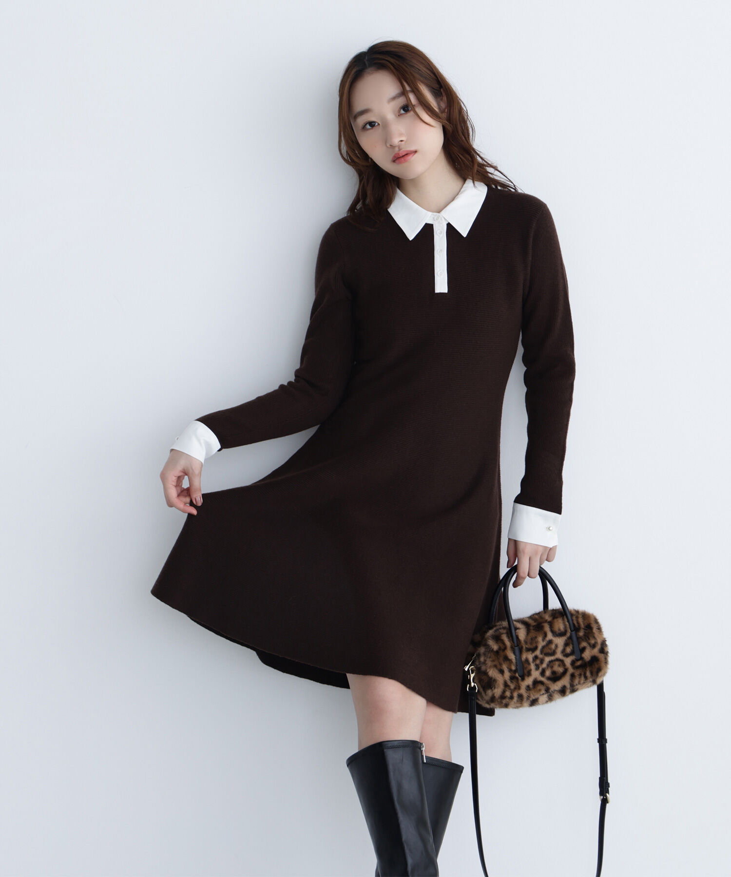  「シャツカラーミニニットワンピース」|ワンピース|ダークブラウ 1