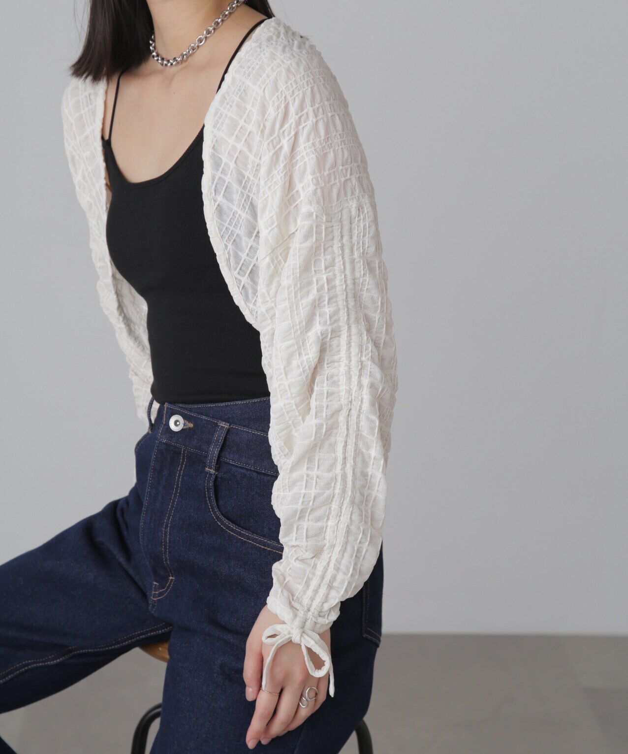  「シアーチェック袖シャーリングボレロ」|Tシャツ・カットソー|