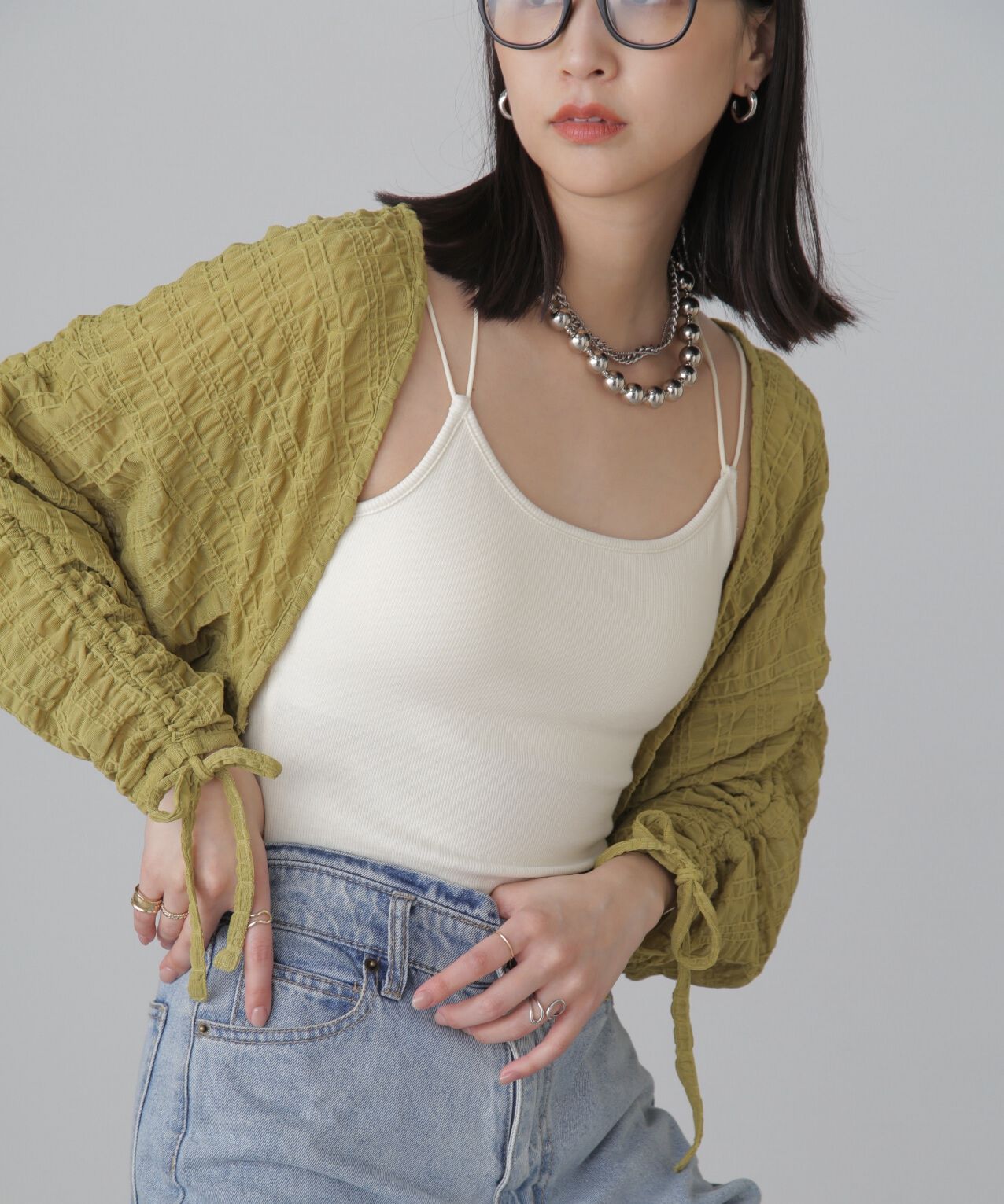  「シアーチェック袖シャーリングボレロ」|Tシャツ・カットソー|ライトグリー