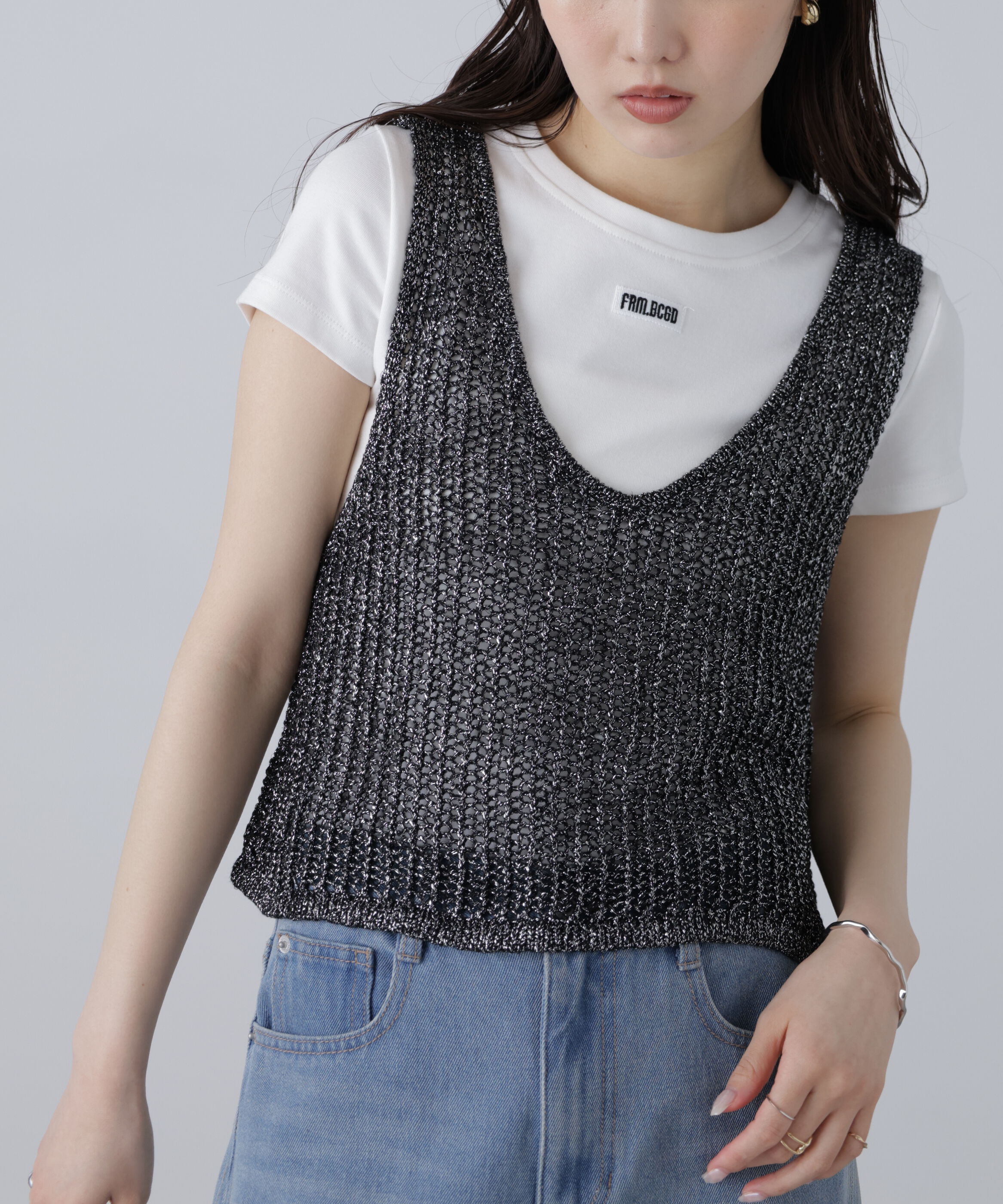  「前後2wayラメニットメッシュベスト」|ニット・セーター|ブラック