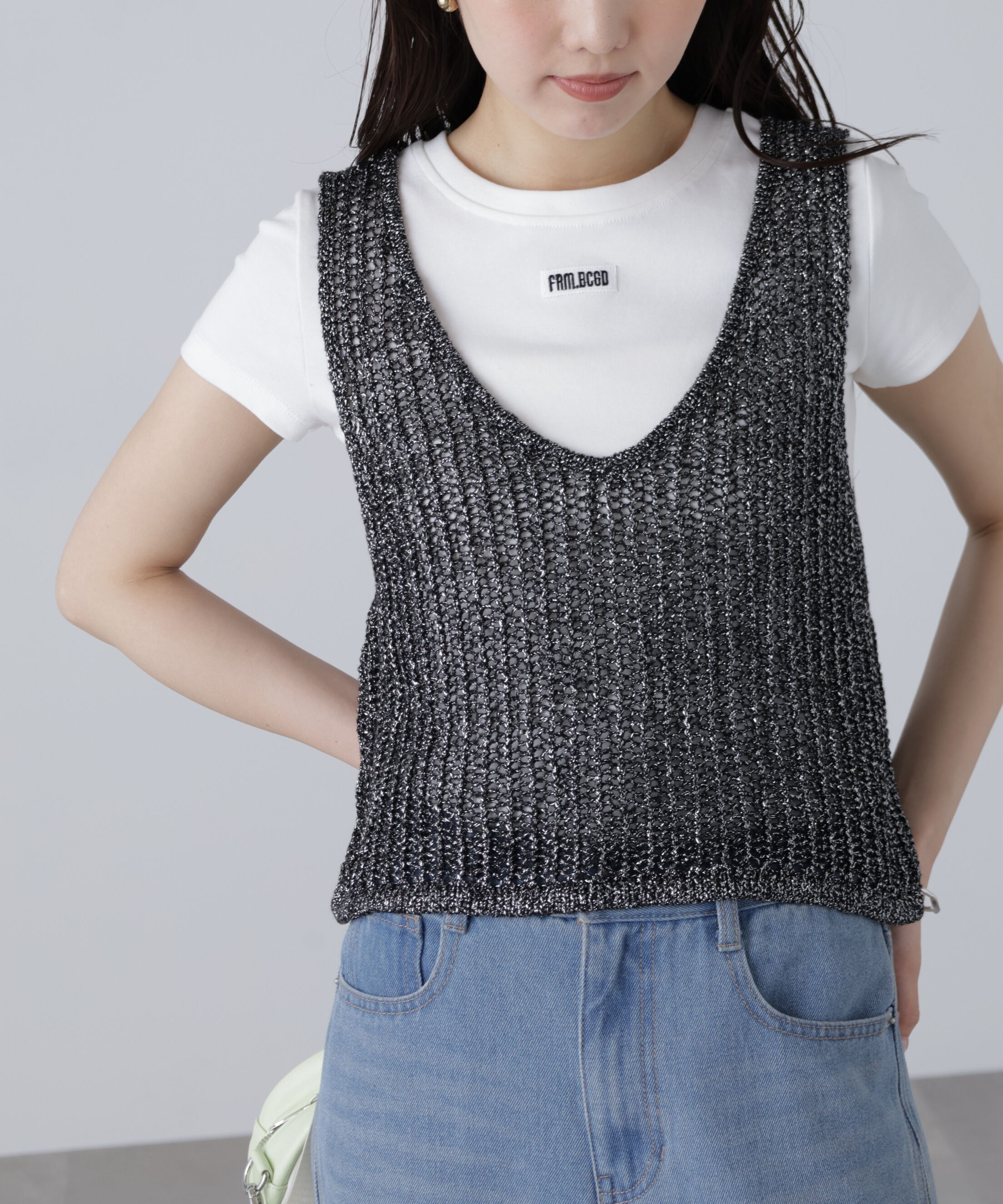 「前後2wayラメニットメッシュベスト」|ニット・セーター|