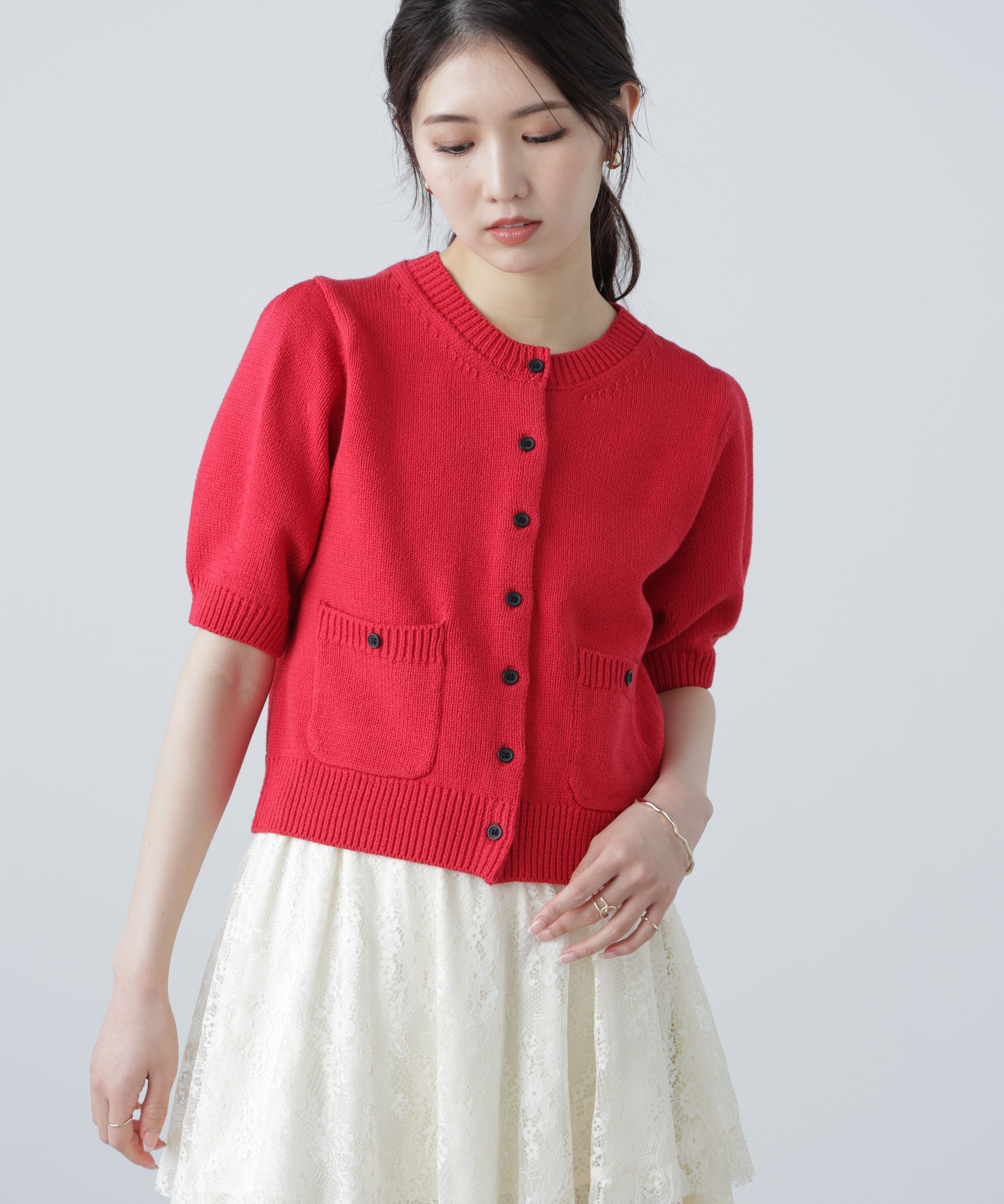  「フロントポケット半袖カーディガン」|ニット・セーター|